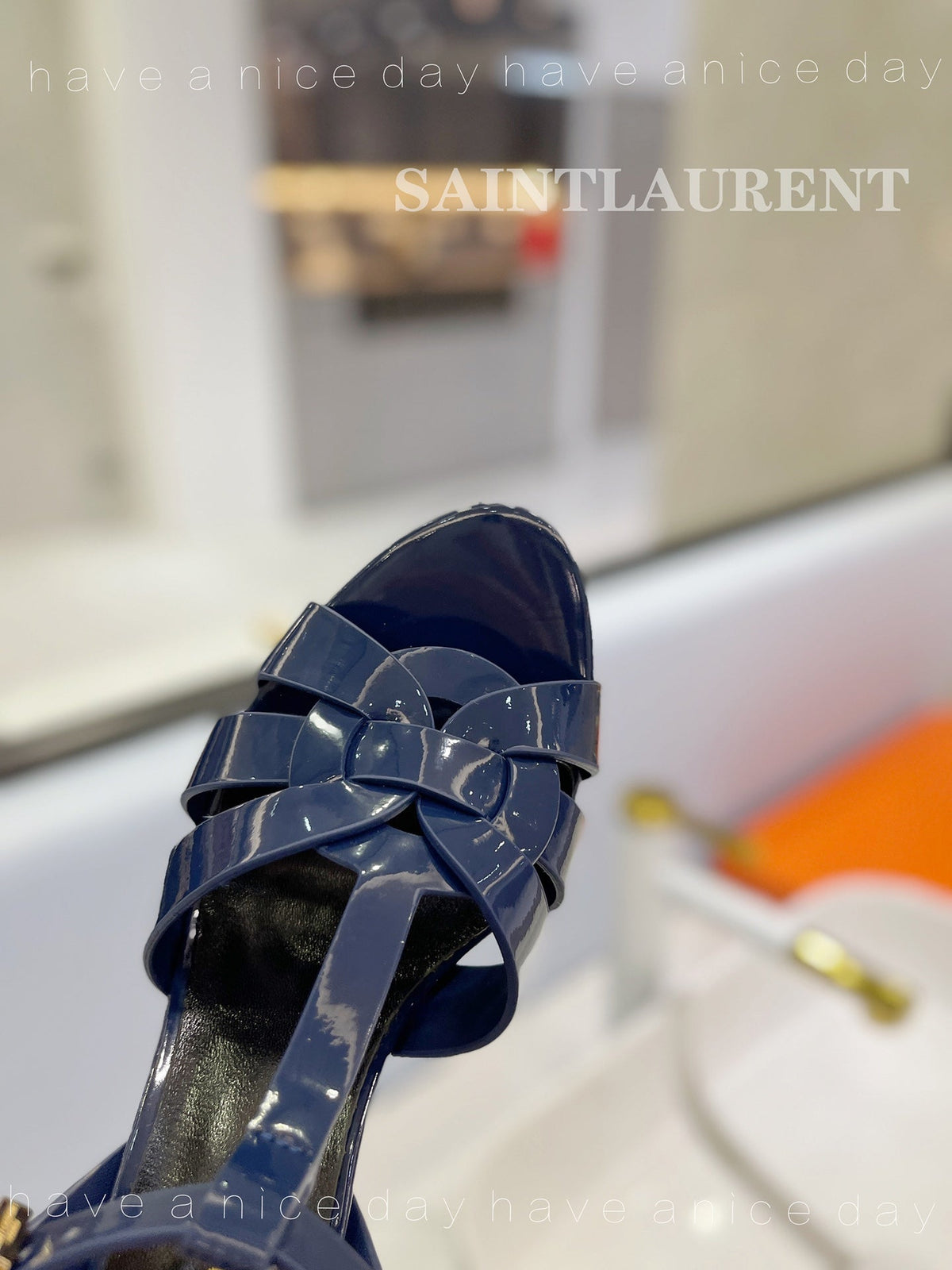 SL TRIBUTE POINED TOE SANDALS GLOSSY NAVY CALFSKIN