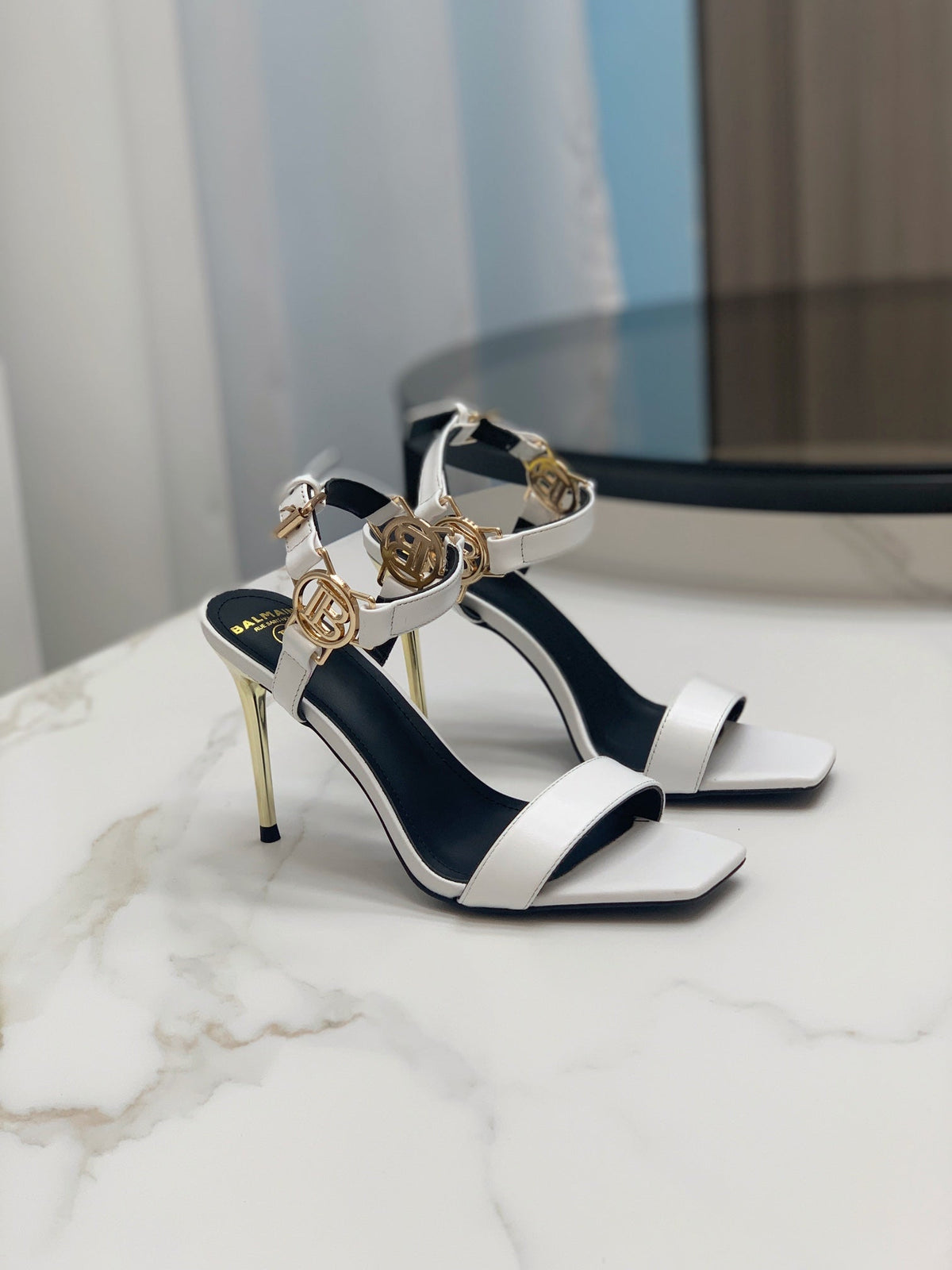 BALMAIN 25S HIGH HEELS WITH B METAL DETAIL 95MM IN LIGHT GRAY CALFSKIN