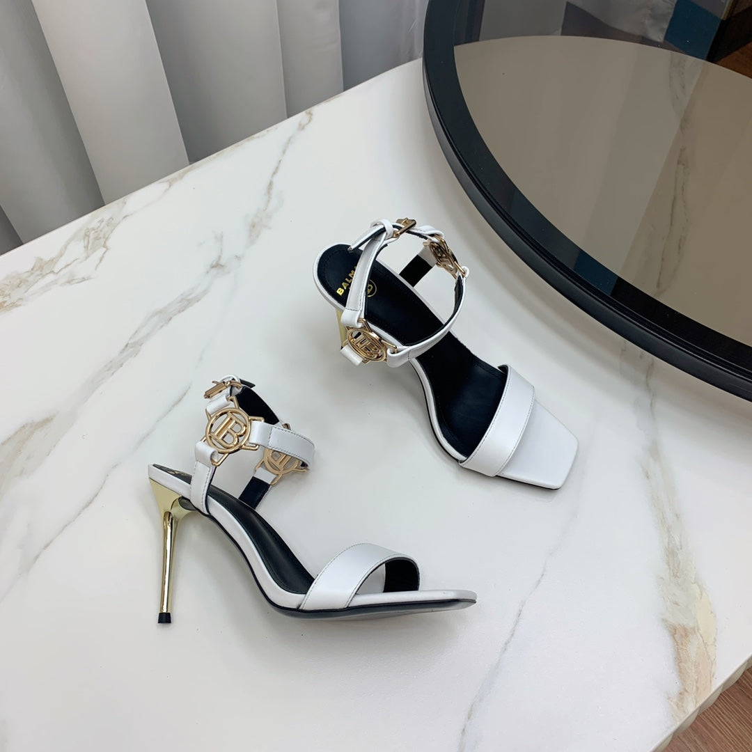 BALMAIN 25S HIGH HEELS WITH B METAL DETAIL 95MM IN LIGHT GRAY CALFSKIN