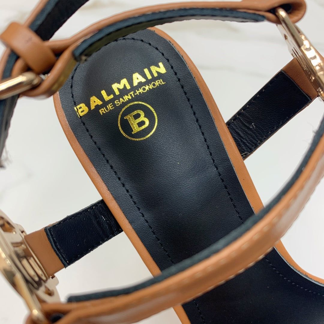 BALMAIN 25S HIGH HEELS WITH B METAL DETAIL 95MM IN CARAMEL CALFSKIN
