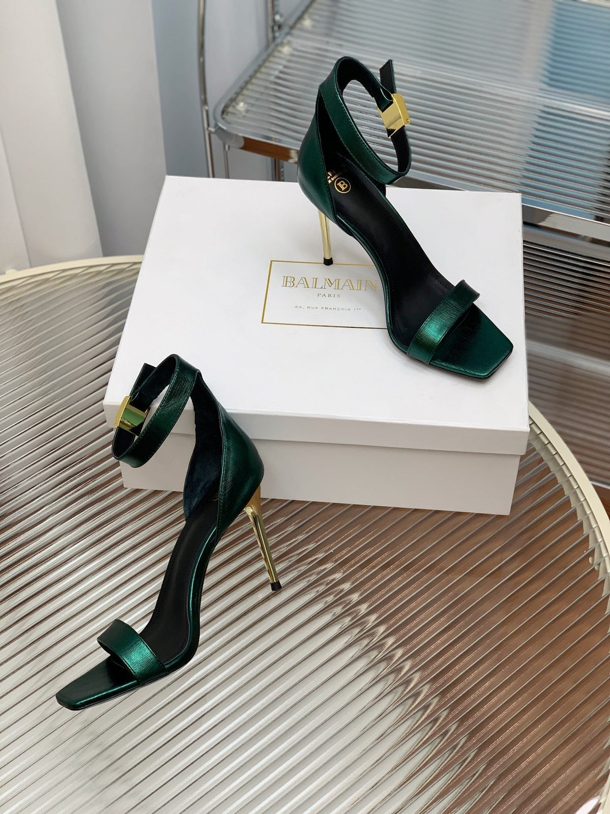 BALMAIN 25S METAL BUCKLE HIGH HEELS 95MM IN TEAL GREEN CALFSKIN