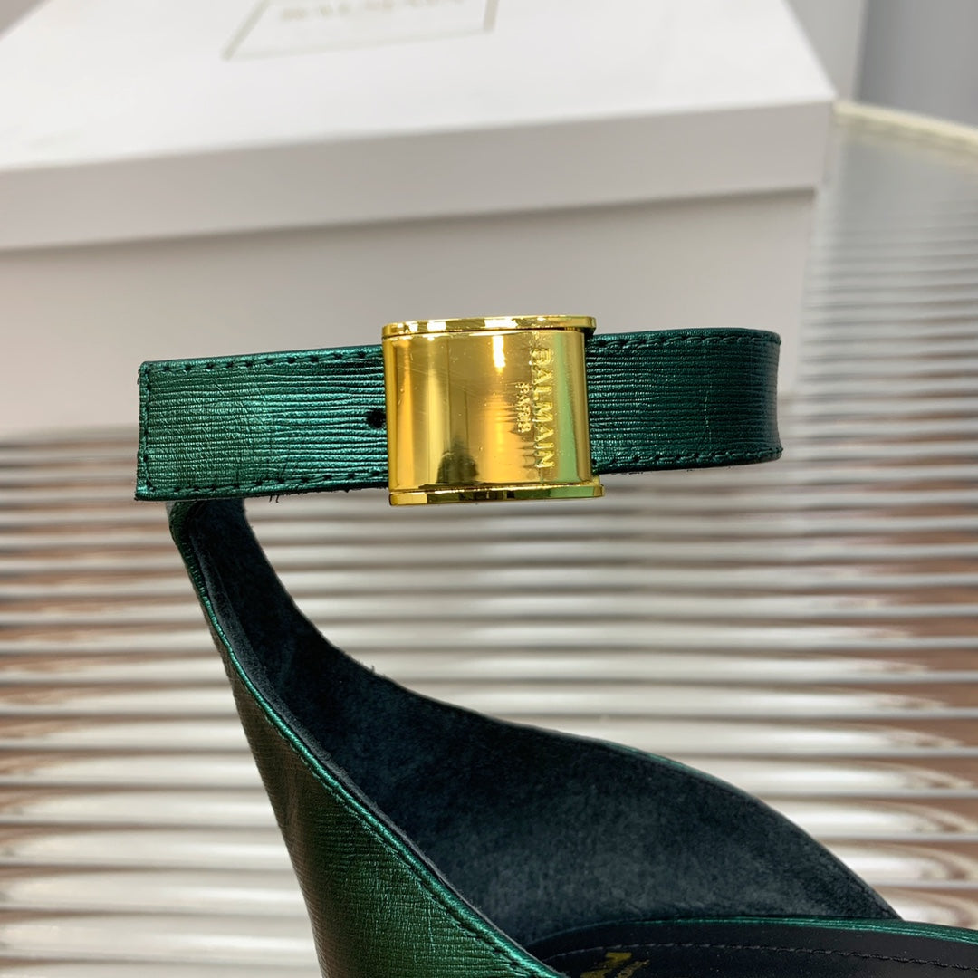 BALMAIN 25S METAL BUCKLE HIGH HEELS 95MM IN TEAL GREEN CALFSKIN