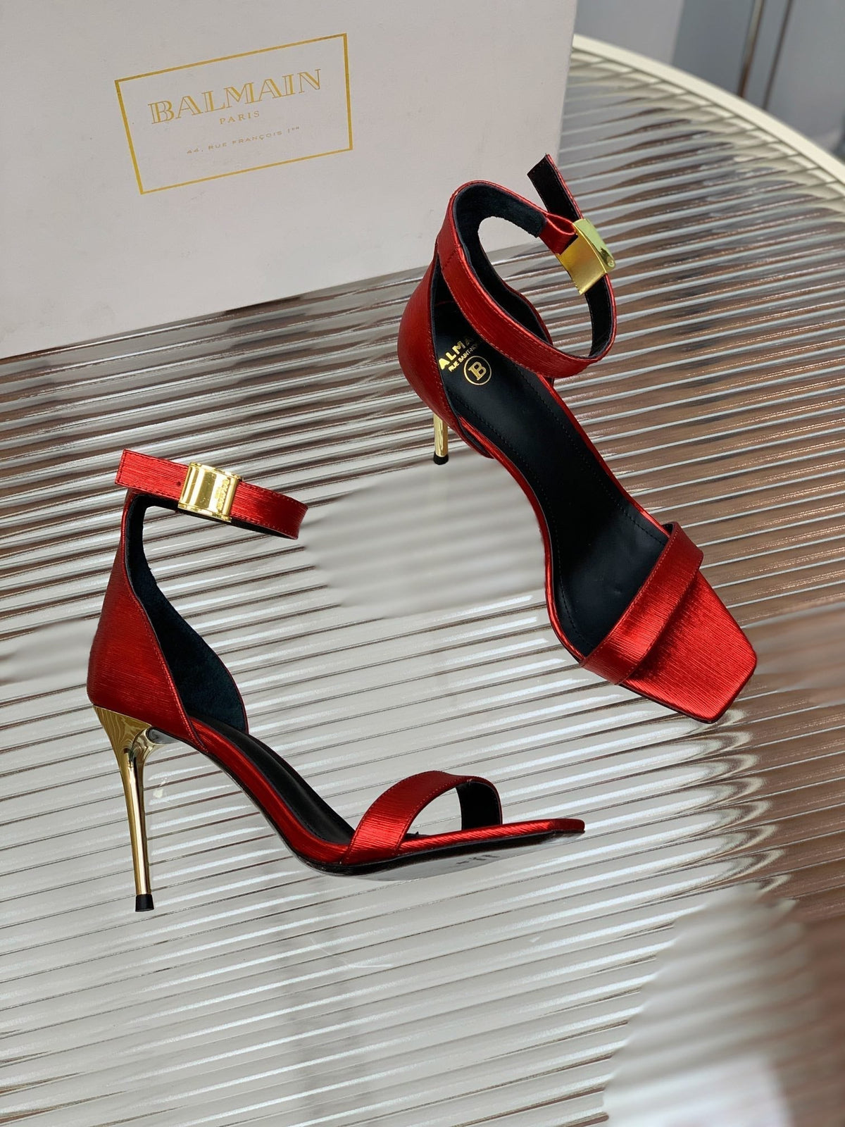 BALMAIN 25S METAL BUCKLE HIGH HEELS 95MM IN CHERRY RED CALFSKIN