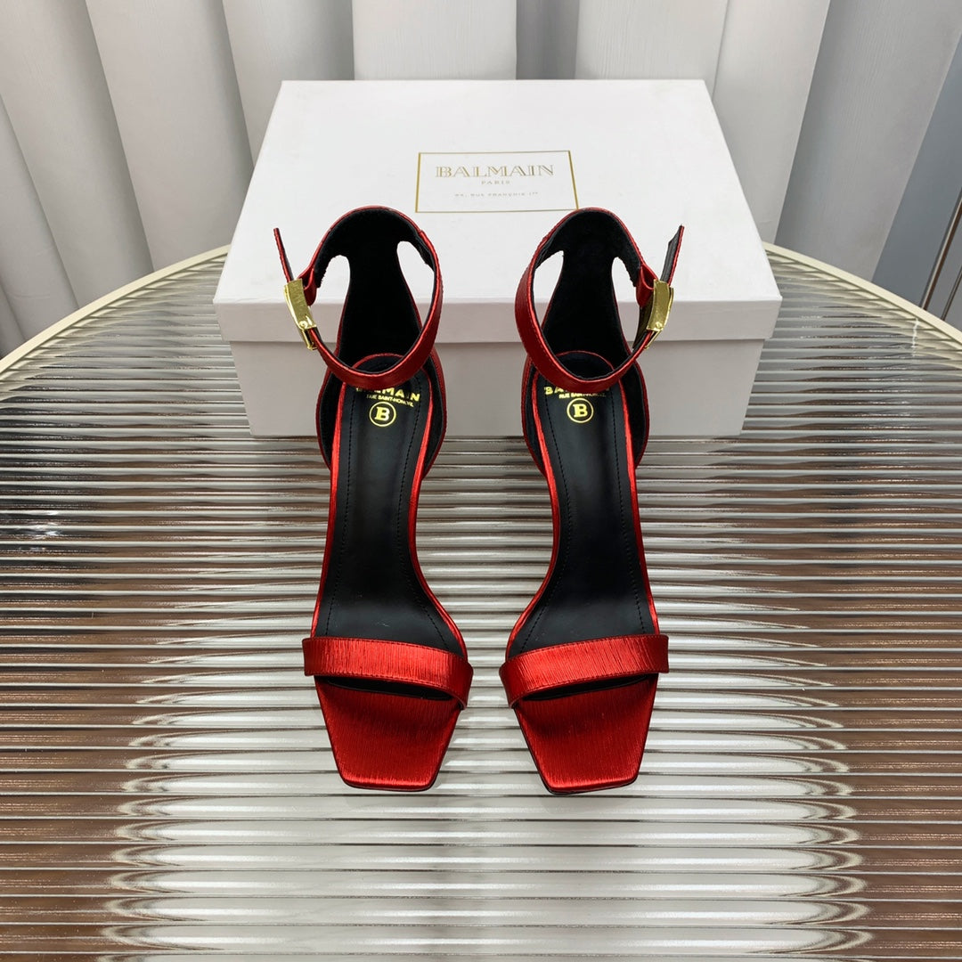BALMAIN 25S METAL BUCKLE HIGH HEELS 95MM IN CHERRY RED CALFSKIN