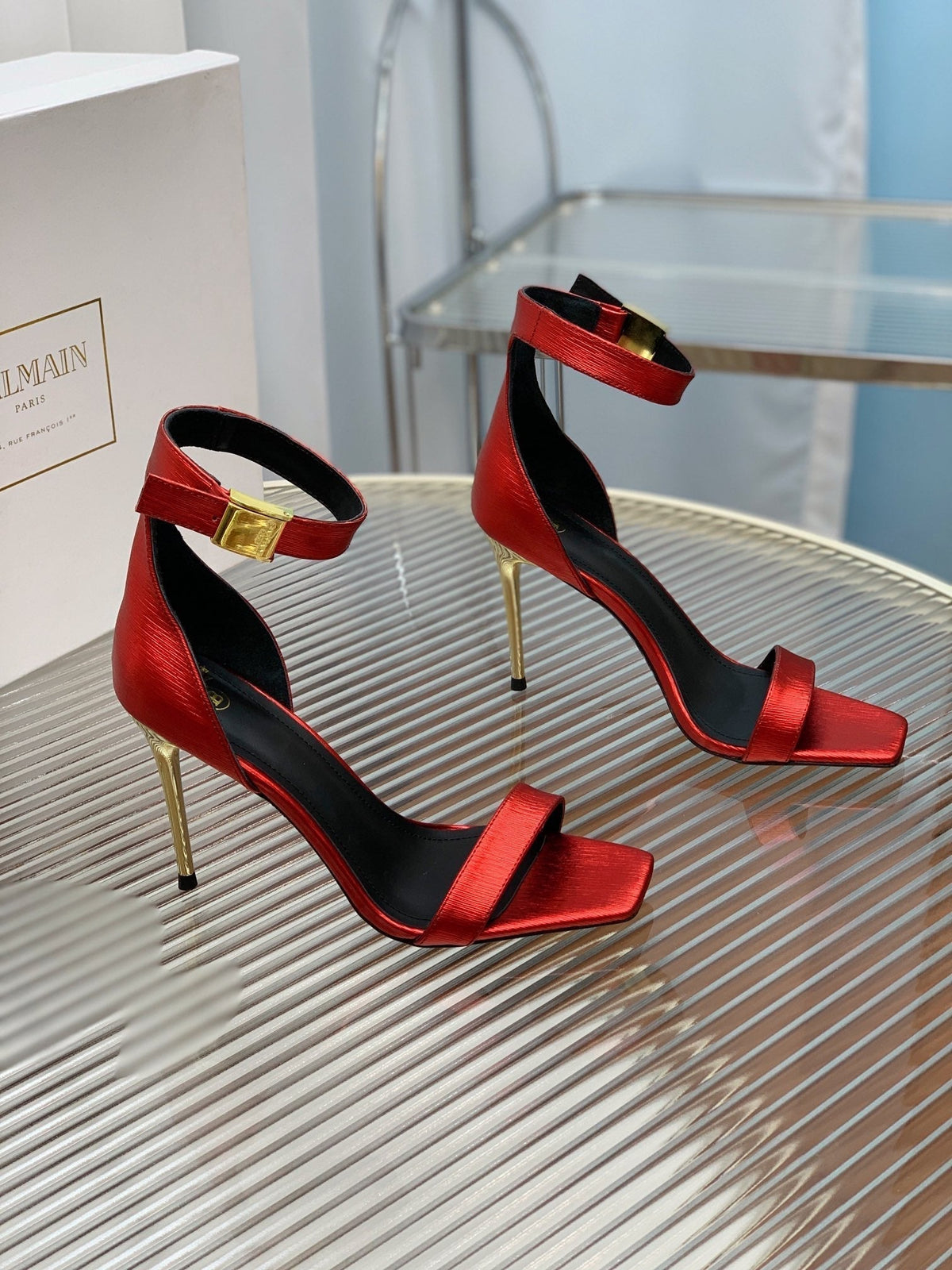 BALMAIN 25S METAL BUCKLE HIGH HEELS 95MM IN CHERRY RED CALFSKIN