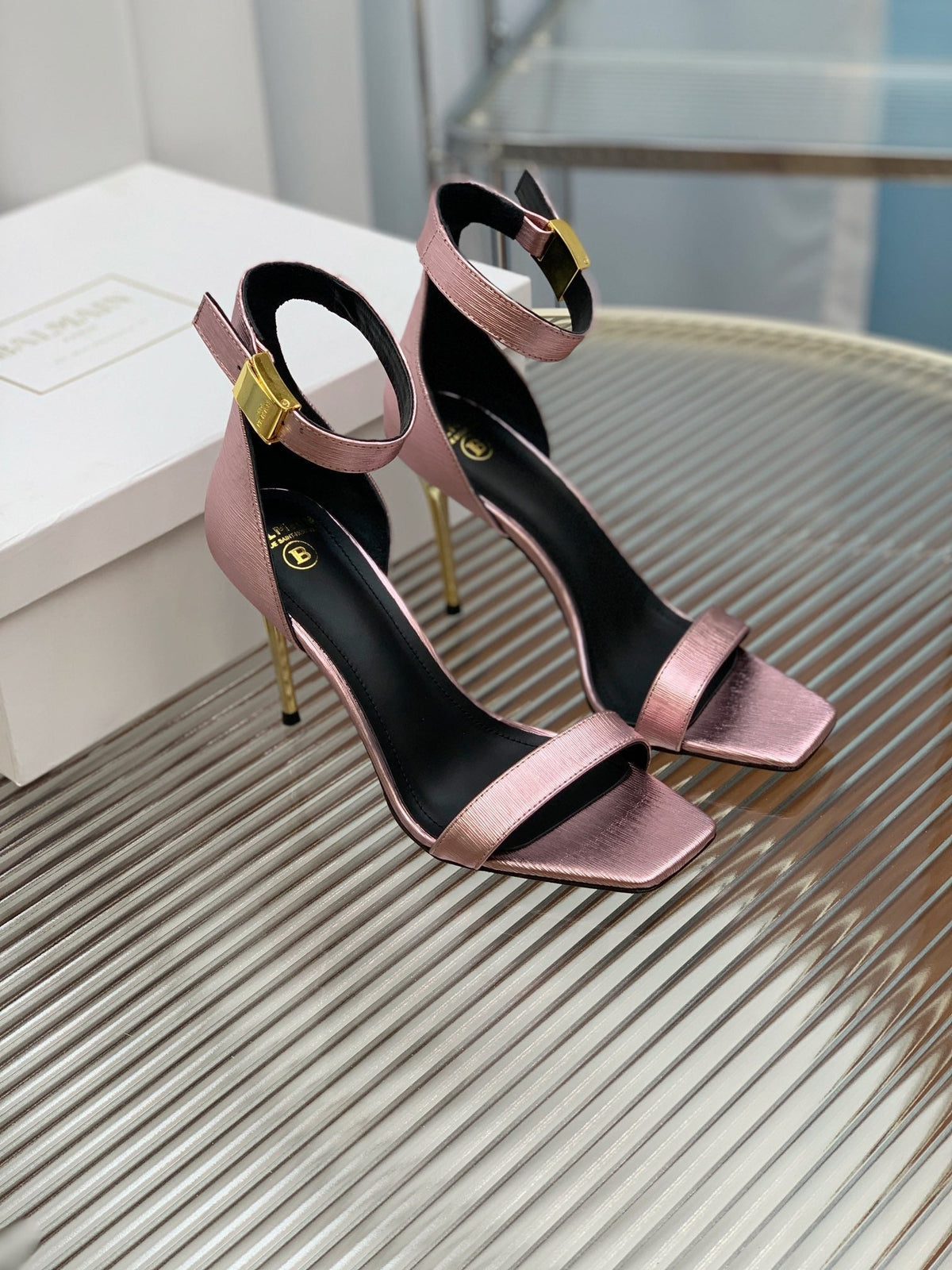 BALMAIN 25S METAL BUCKLE HIGH HEELS 95MM IN IRIDESCENT PURPLE CALFSKIN