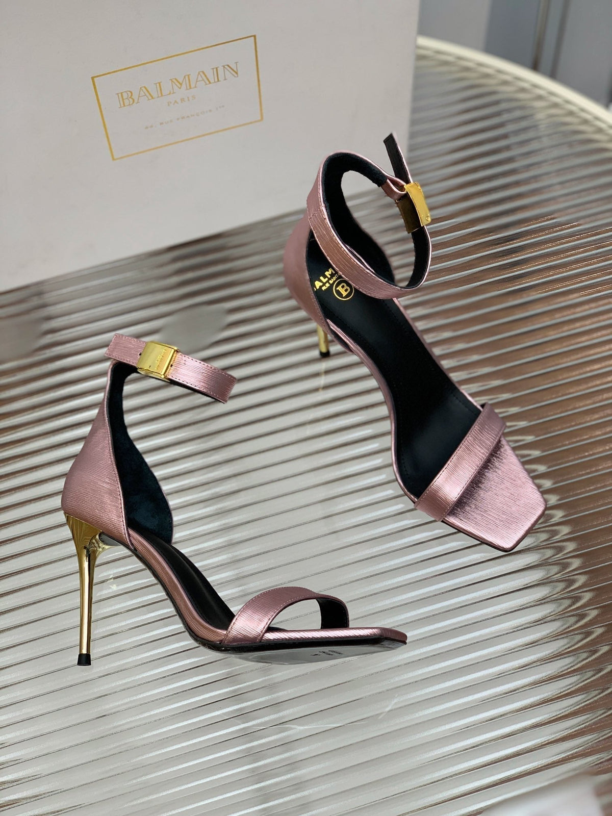 BALMAIN 25S METAL BUCKLE HIGH HEELS 95MM IN IRIDESCENT PURPLE CALFSKIN