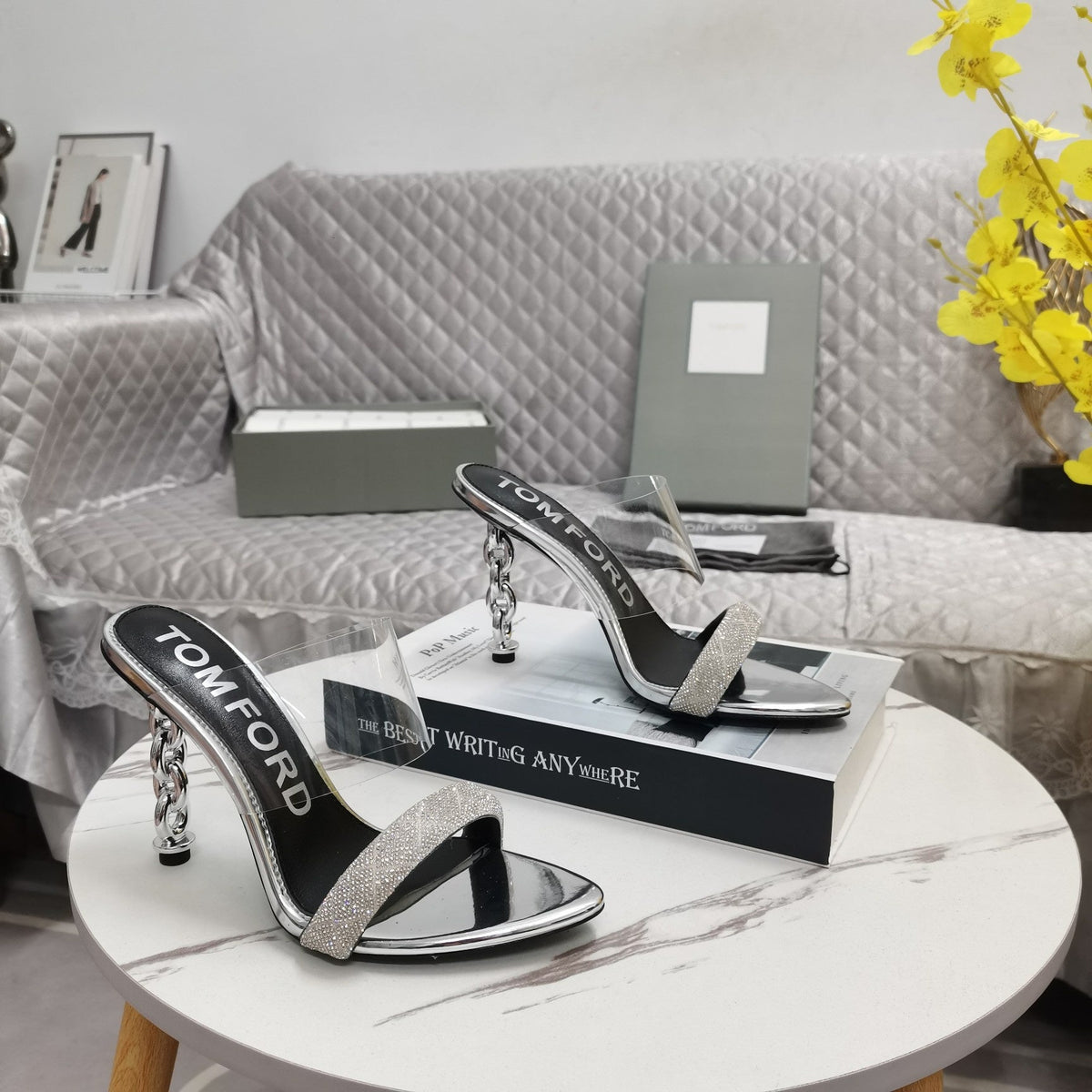 CRYSTAL HIGH HEEL MULE 10 CM IN SILVER LAMBSKIN