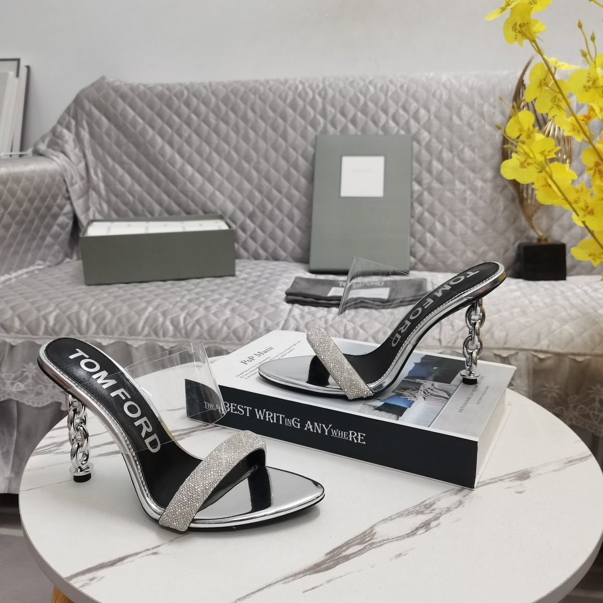 CRYSTAL HIGH HEEL MULE 10 CM IN SILVER LAMBSKIN