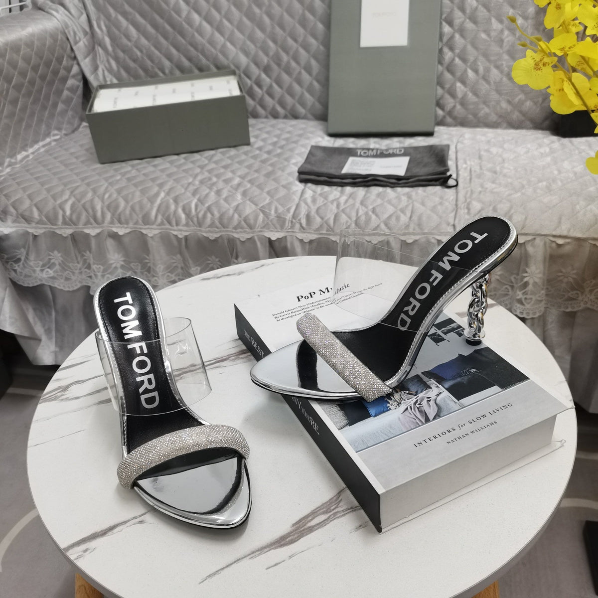 CRYSTAL HIGH HEEL MULE 10 CM IN SILVER LAMBSKIN