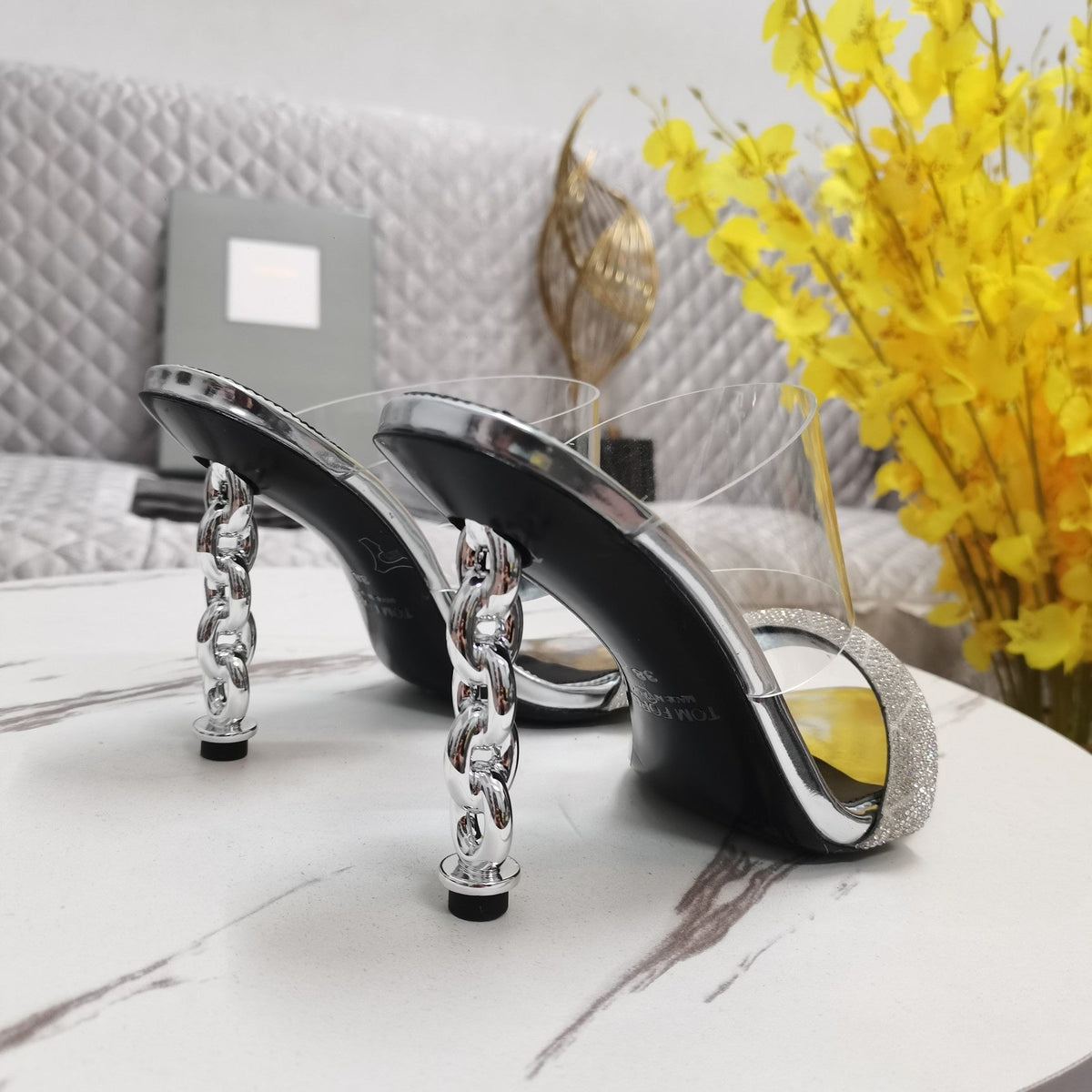 CRYSTAL HIGH HEEL MULE 10 CM IN SILVER LAMBSKIN