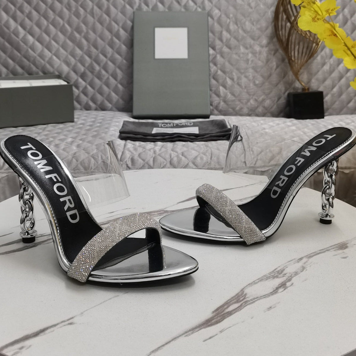 CRYSTAL HIGH HEEL MULE 10 CM IN SILVER LAMBSKIN