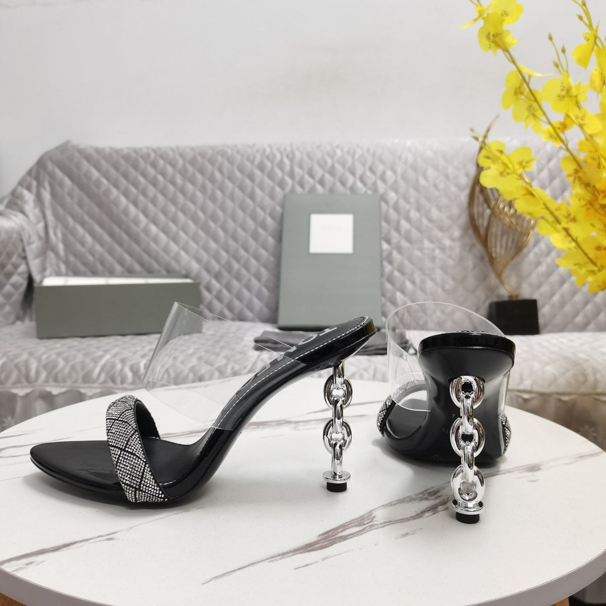 CRYSTAL HIGH HEEL MULE 10 CM IN BLACK LAMBSKIN