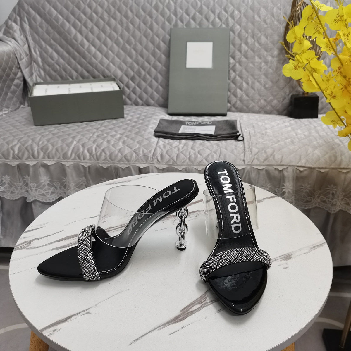 CRYSTAL HIGH HEEL MULE 10 CM IN BLACK LAMBSKIN