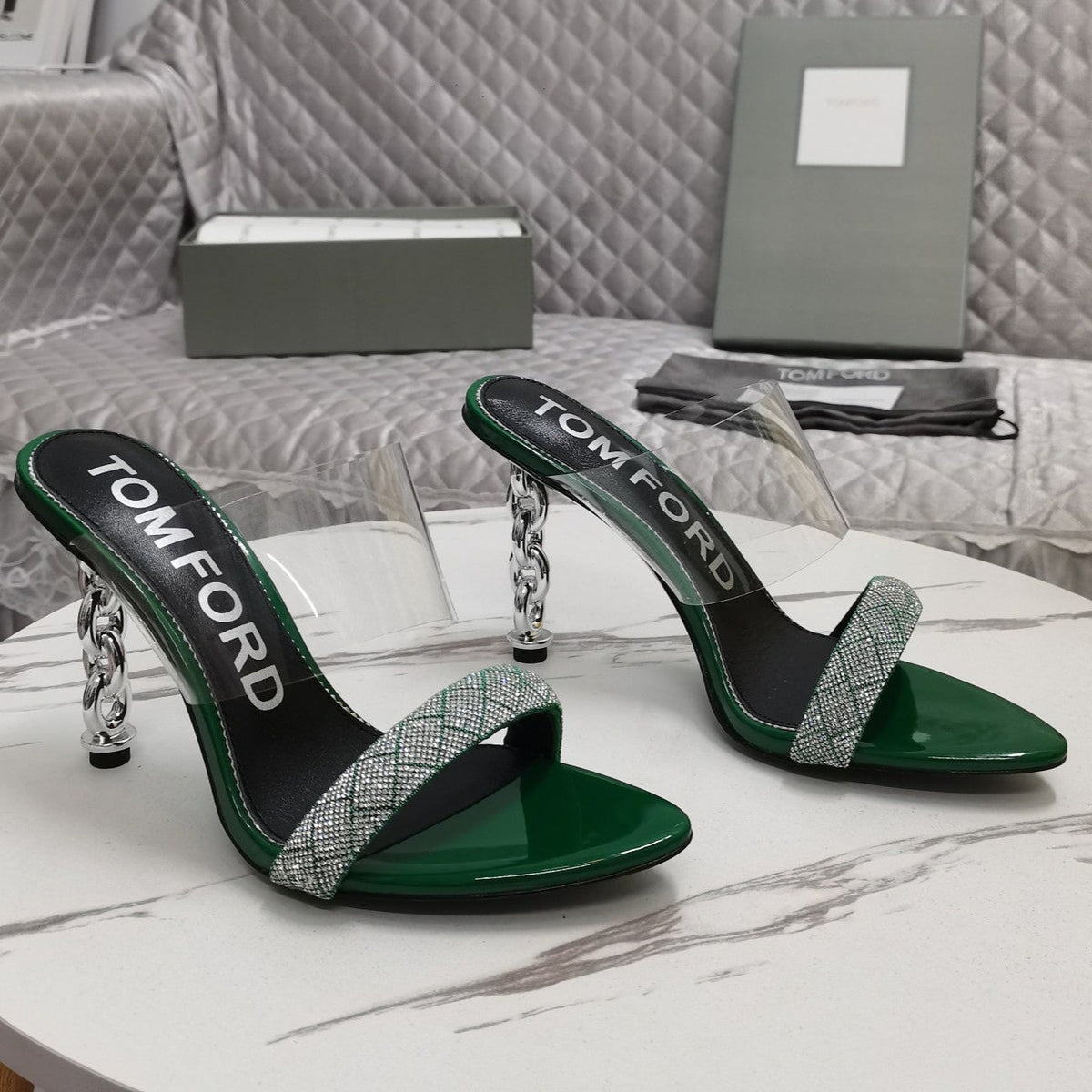 CRYSTAL HIGH HEEL MULE 10 CM IN GREEN FOREST LAMBSKIN