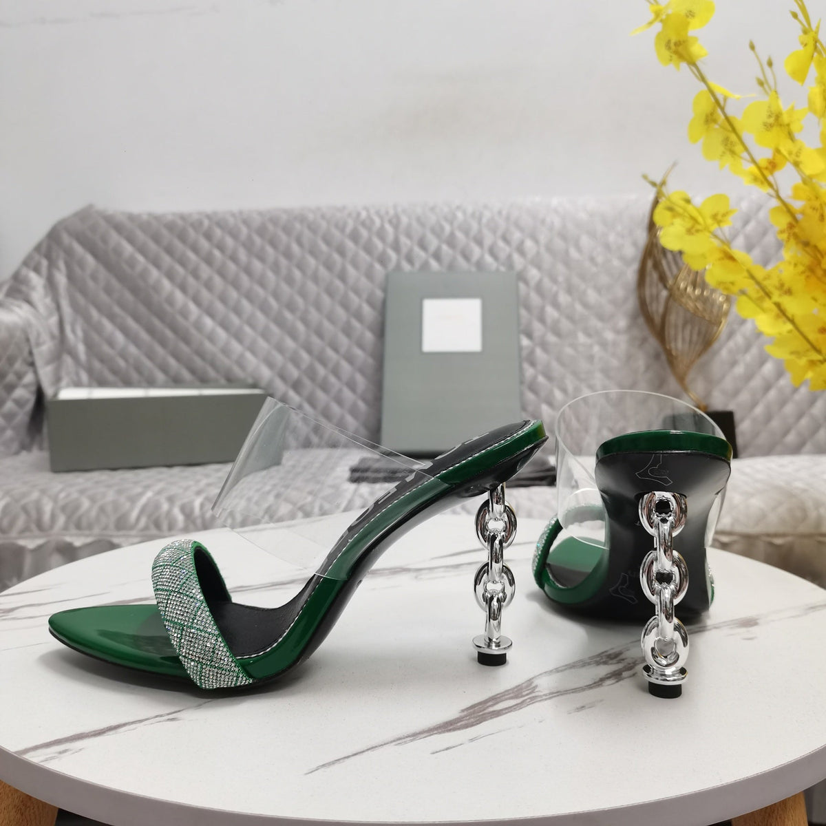 CRYSTAL HIGH HEEL MULE 10 CM IN GREEN FOREST LAMBSKIN