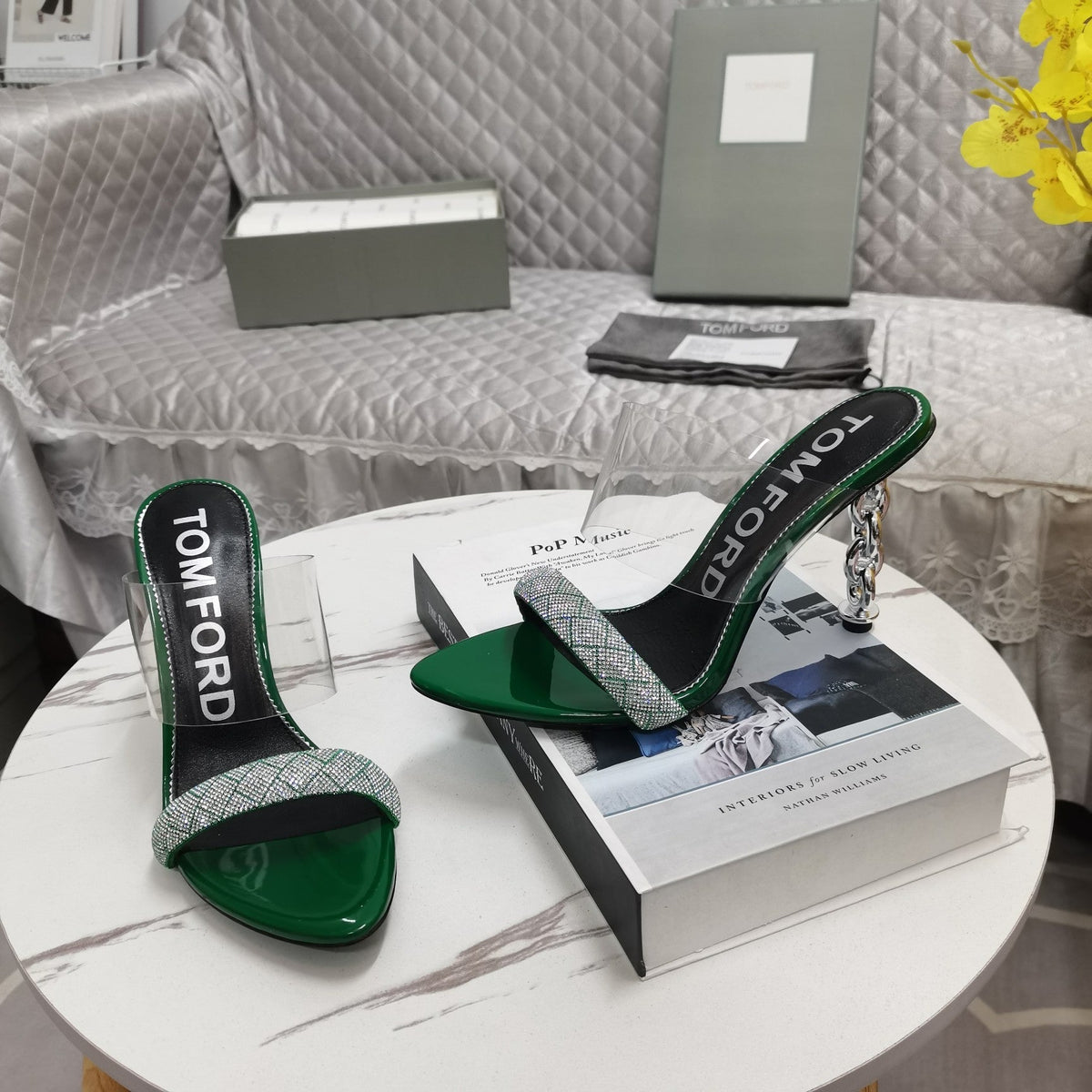 CRYSTAL HIGH HEEL MULE 10 CM IN GREEN FOREST LAMBSKIN