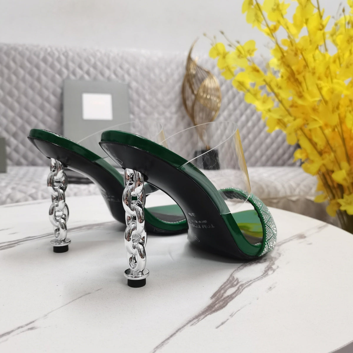 CRYSTAL HIGH HEEL MULE 10 CM IN GREEN FOREST LAMBSKIN
