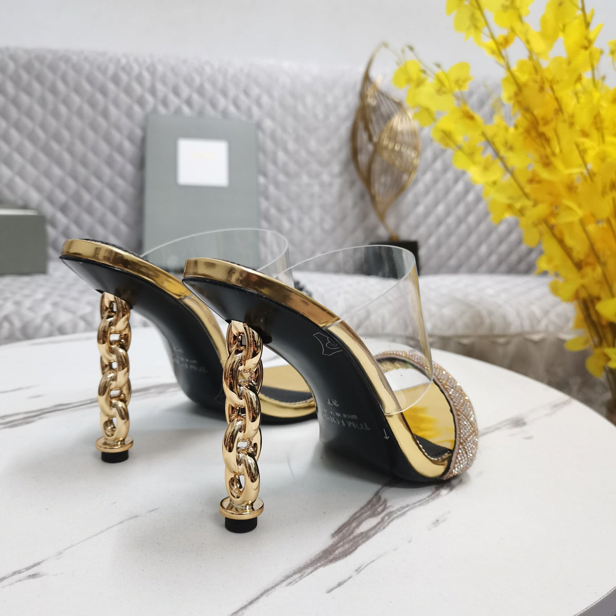 CRYSTAL HIGH HEEL MULE 10 CM IN GOLD LAMBSKIN