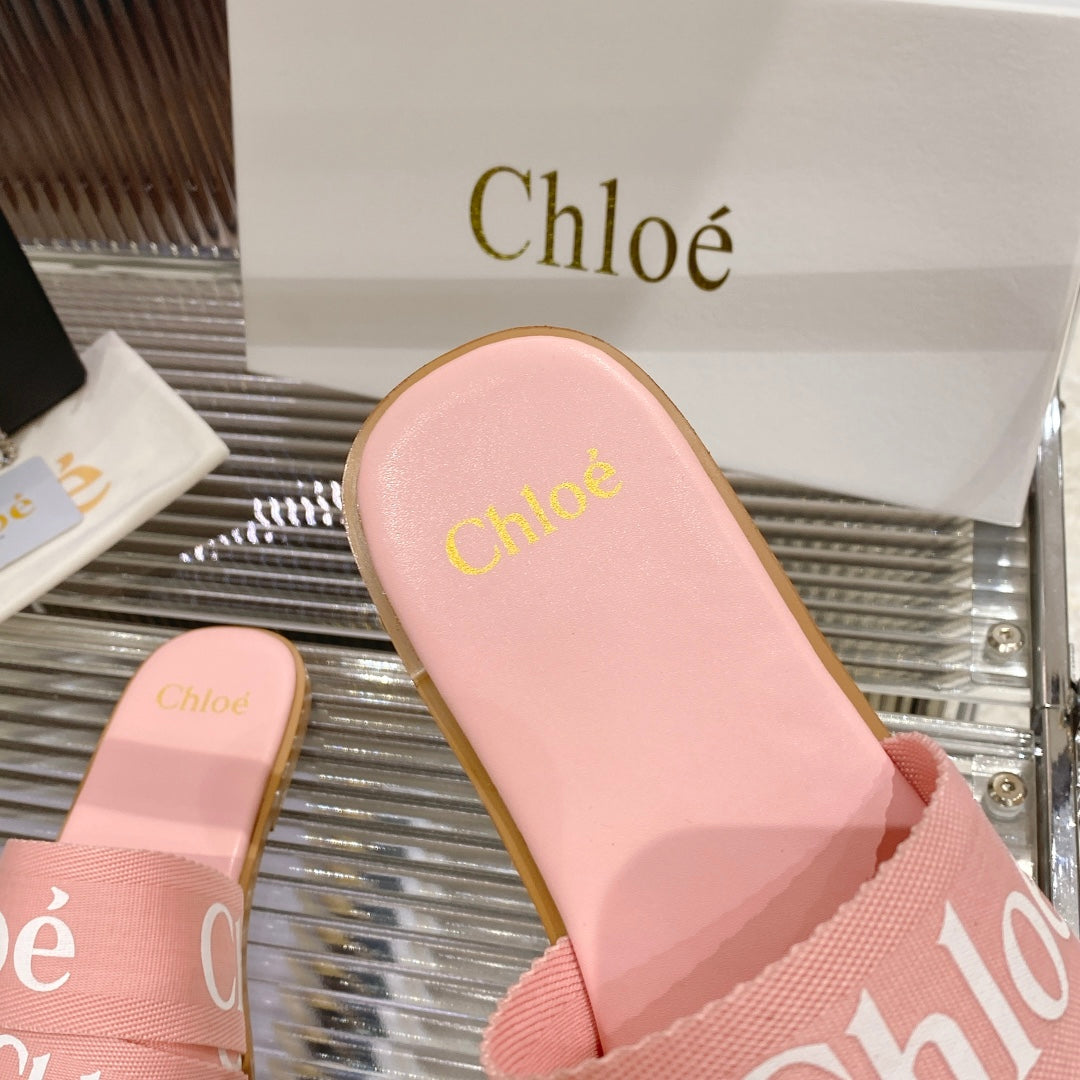 CHLOÉ WOODY SLIPPER IN ROSE PINK CANVAS