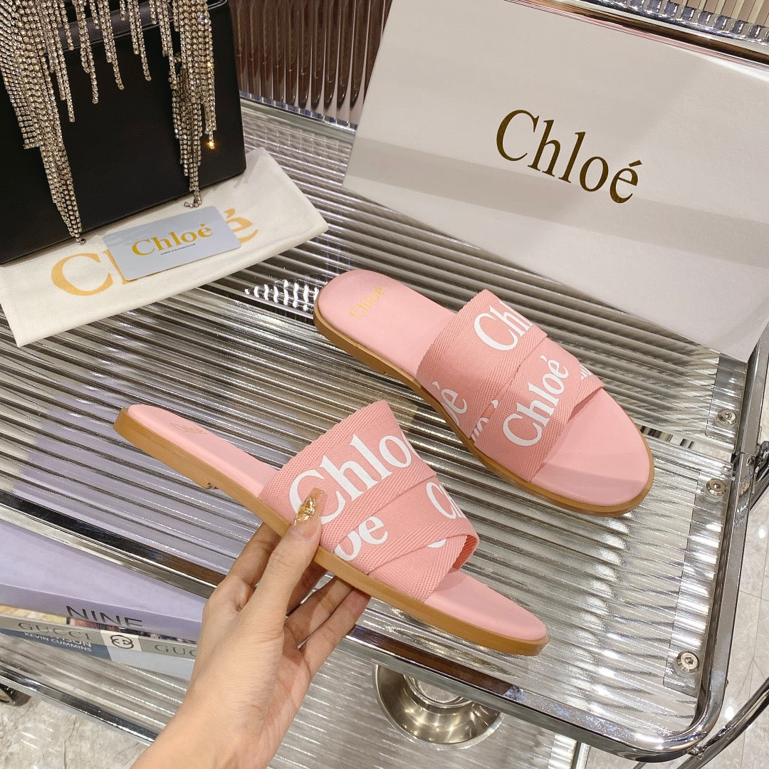 CHLOÉ WOODY SLIPPER IN ROSE PINK CANVAS
