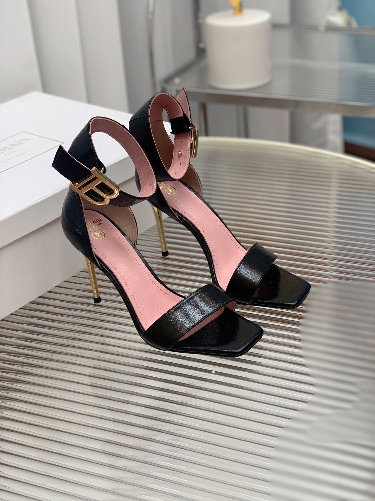 BALMAIN 25S B STRAP HIGH HEEL SANDALS 95MM IN BLACK GLOSSY CALFSKIN
