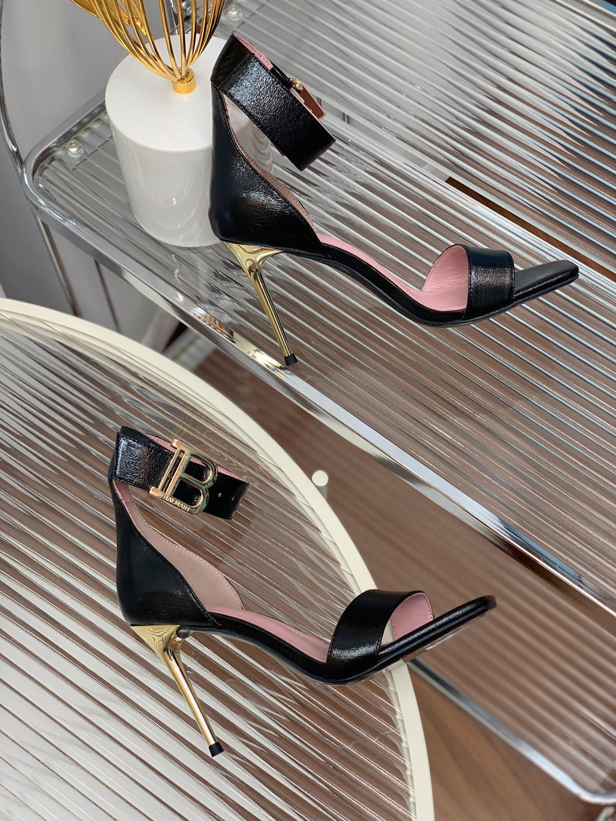 BALMAIN 25S B STRAP HIGH HEEL SANDALS 95MM IN BLACK GLOSSY CALFSKIN