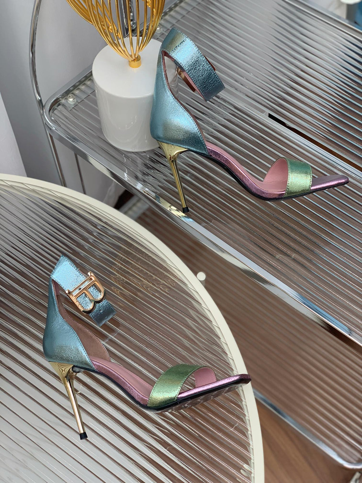 BALMAIN 25S B STRAP HIGH HEEL SANDALS 95MM IN MULTICOLOR CALFSKIN
