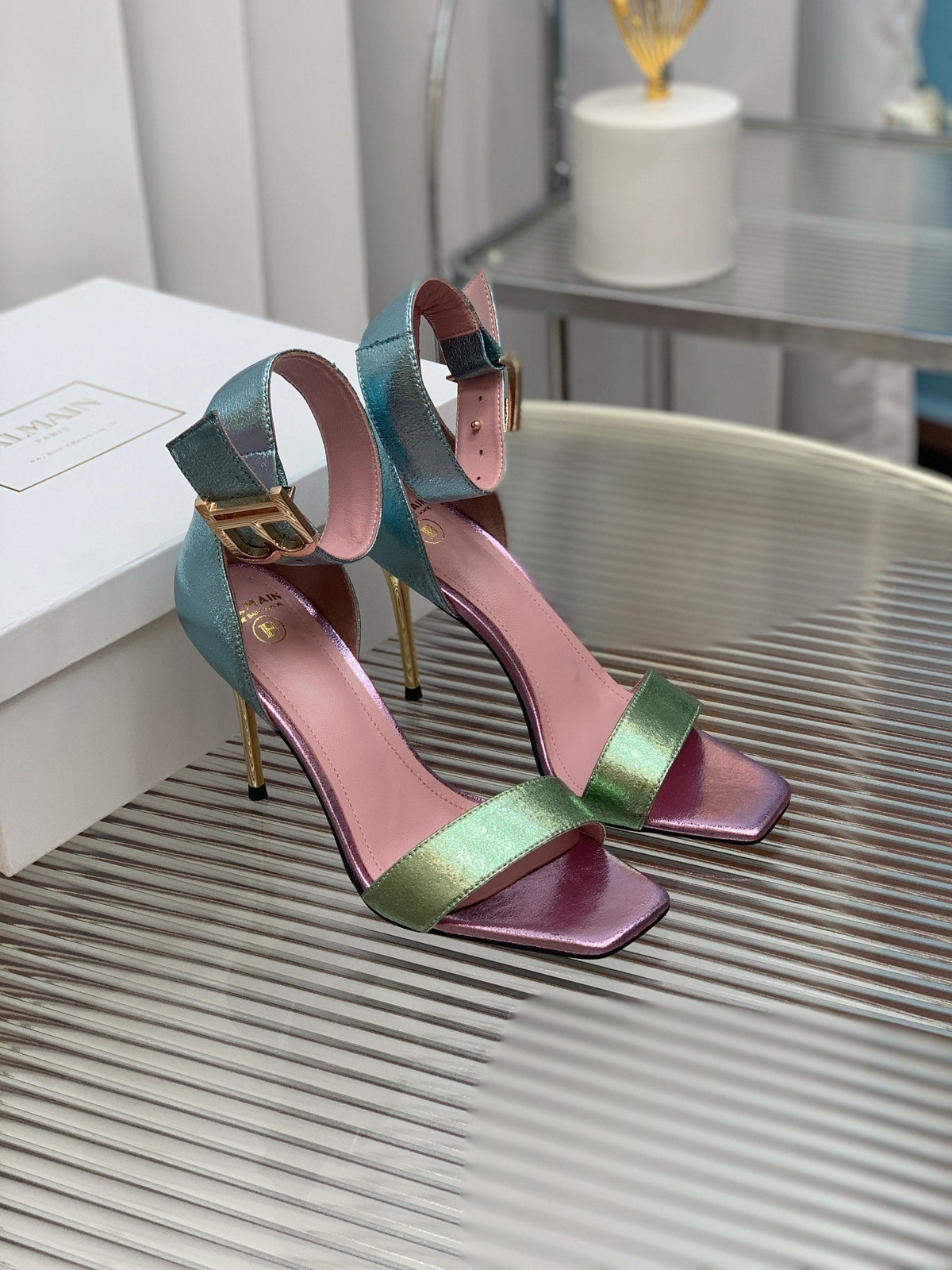 BALMAIN 25S B STRAP HIGH HEEL SANDALS 95MM IN MULTICOLOR CALFSKIN
