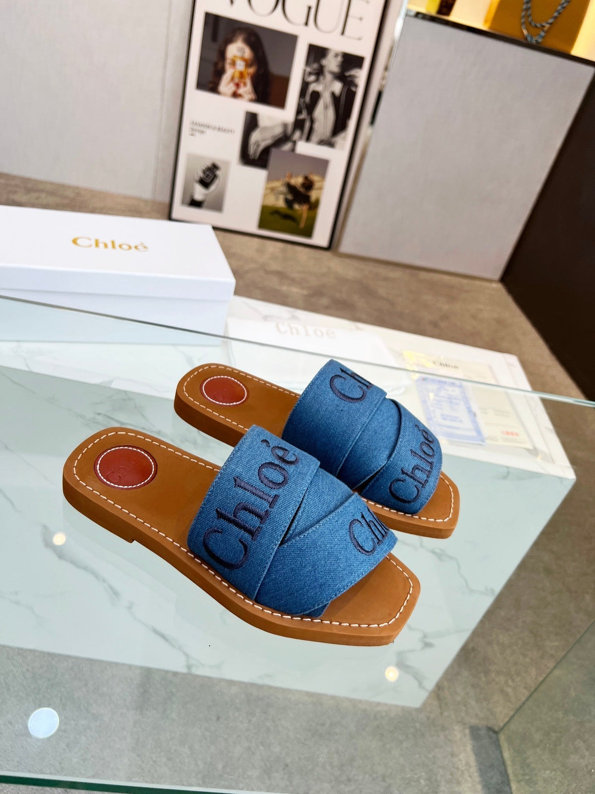 WOODY MULE IN COBALT BLUE DENIM WITH EMBROIDERED LOGO