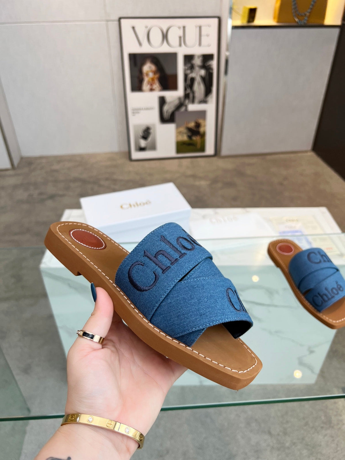 WOODY MULE IN COBALT BLUE DENIM WITH EMBROIDERED LOGO