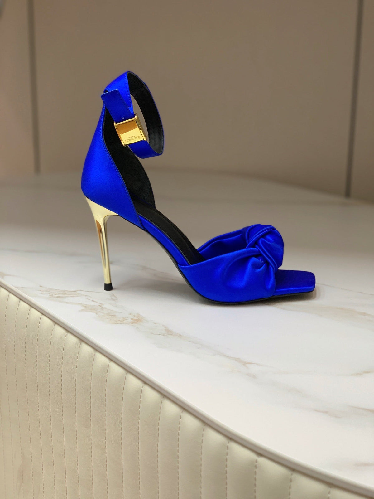 BALMAIN 25S KNOTTED HIGH HEELS 95MM IN DARK BLUE SATIN