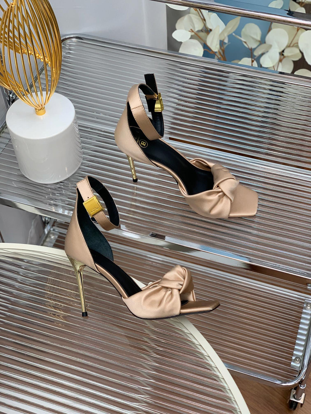 BALMAIN 25S KNOTTED HIGH HEELS 95MM IN LIGHT CARAMEL SATIN