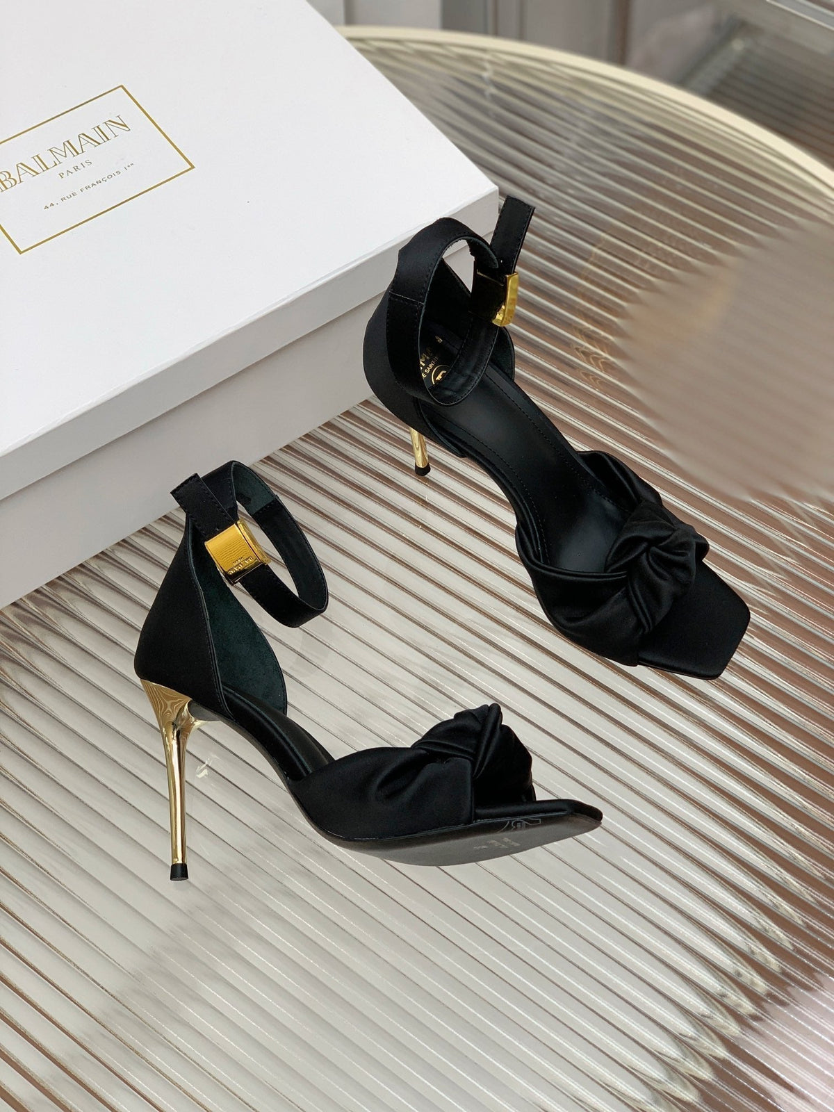 BALMAIN 25S KNOTTED HIGH HEELS 95MM IN BLACK SATIN