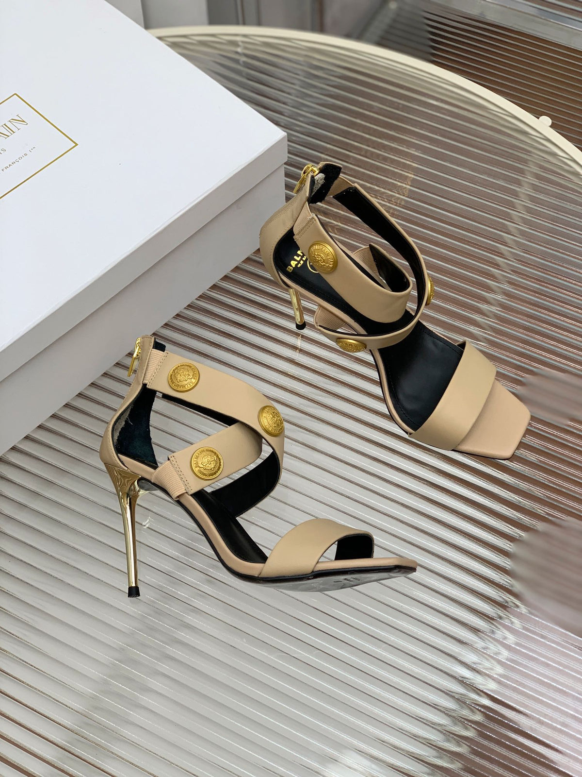 BALMAIN 25S CROSSOVER STRAP HIGH HEELS 95MM IN LIGHT BROWN CALFSKIN