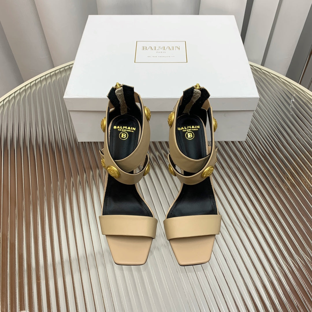 BALMAIN 25S CROSSOVER STRAP HIGH HEELS 95MM IN LIGHT BROWN CALFSKIN