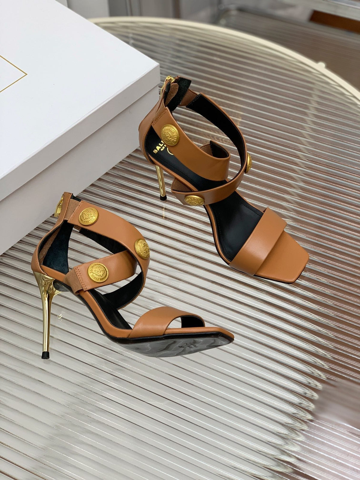 BALMAIN 25S CROSSOVER STRAP HIGH HEELS 95MM IN BROWN CALFSKIN