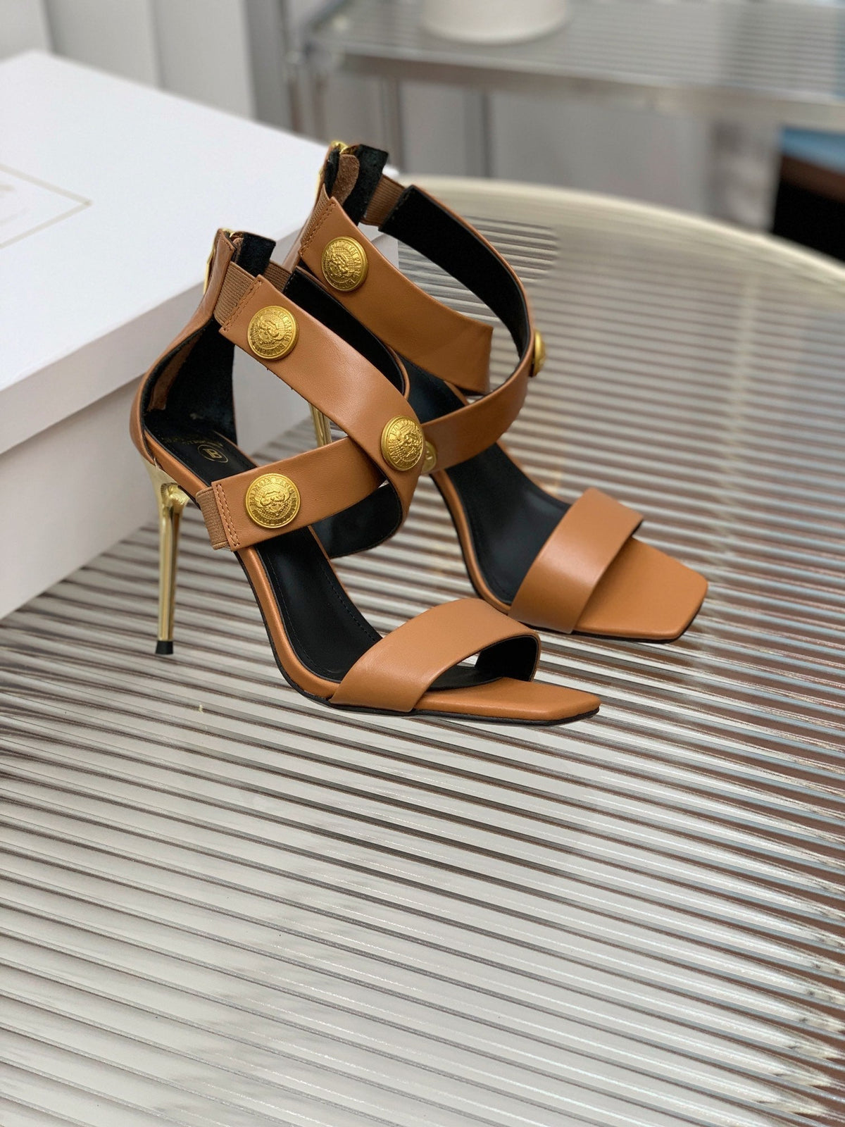 BALMAIN 25S CROSSOVER STRAP HIGH HEELS 95MM IN BROWN CALFSKIN