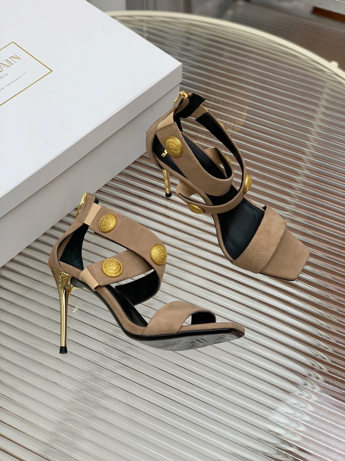 BALMAIN 25S CROSSOVER STRAP HIGH HEELS 95MM IN LIGHT BROWN SUEDE