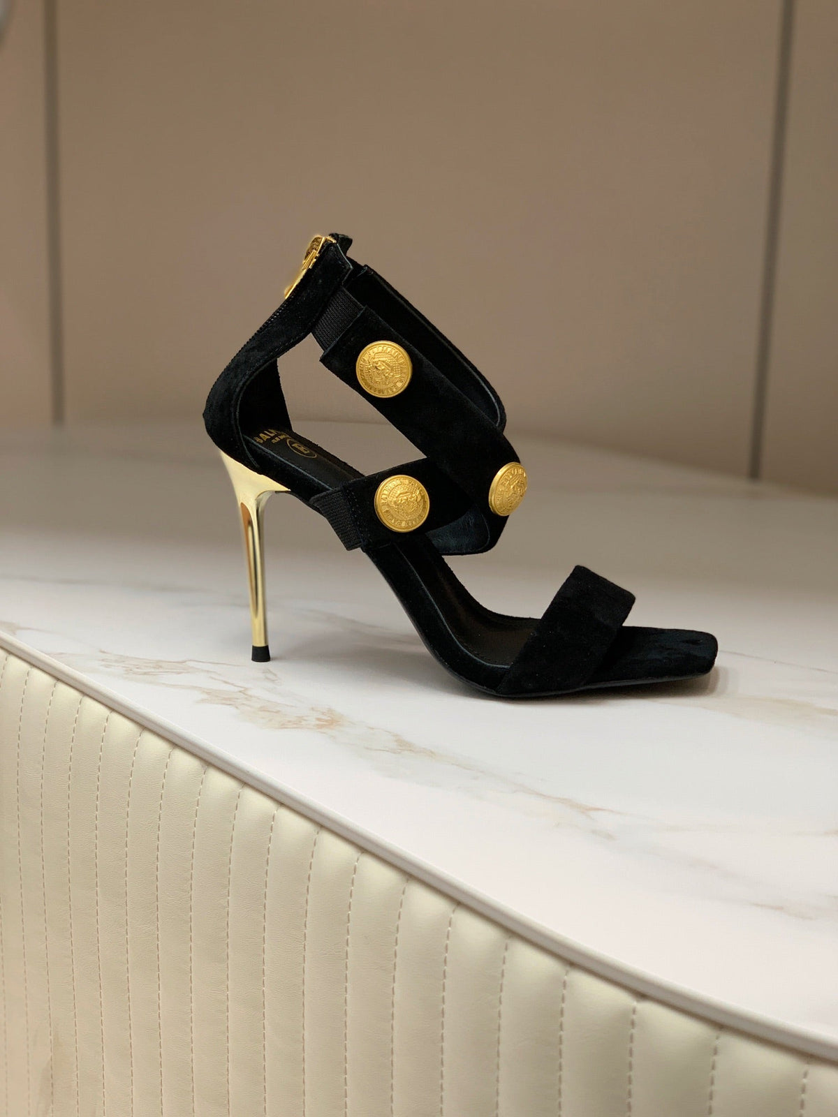 BALMAIN 25S CROSSOVER STRAP HIGH HEELS 95MM IN BLACK SUEDE