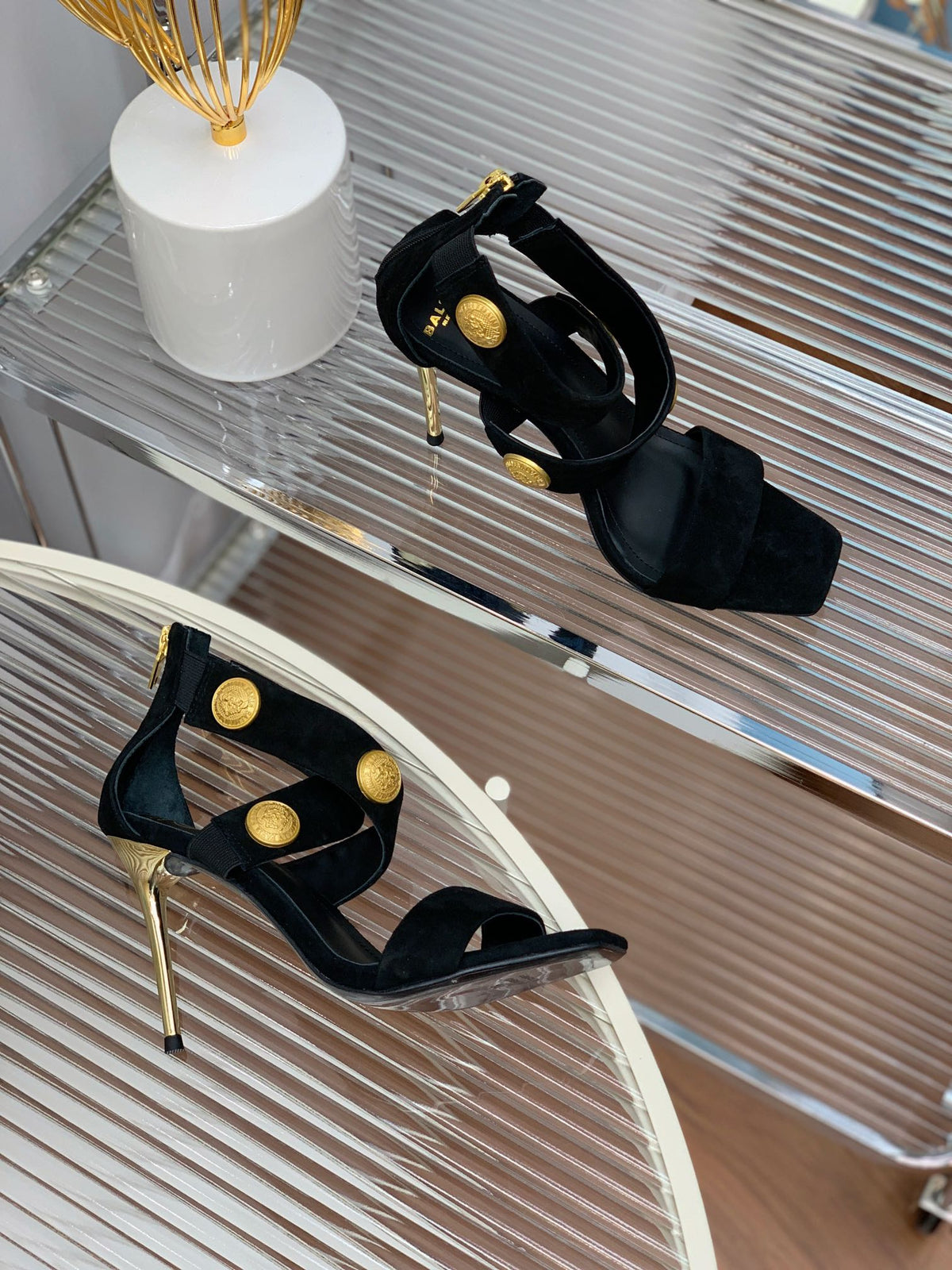 BALMAIN 25S CROSSOVER STRAP HIGH HEELS 95MM IN BLACK SUEDE