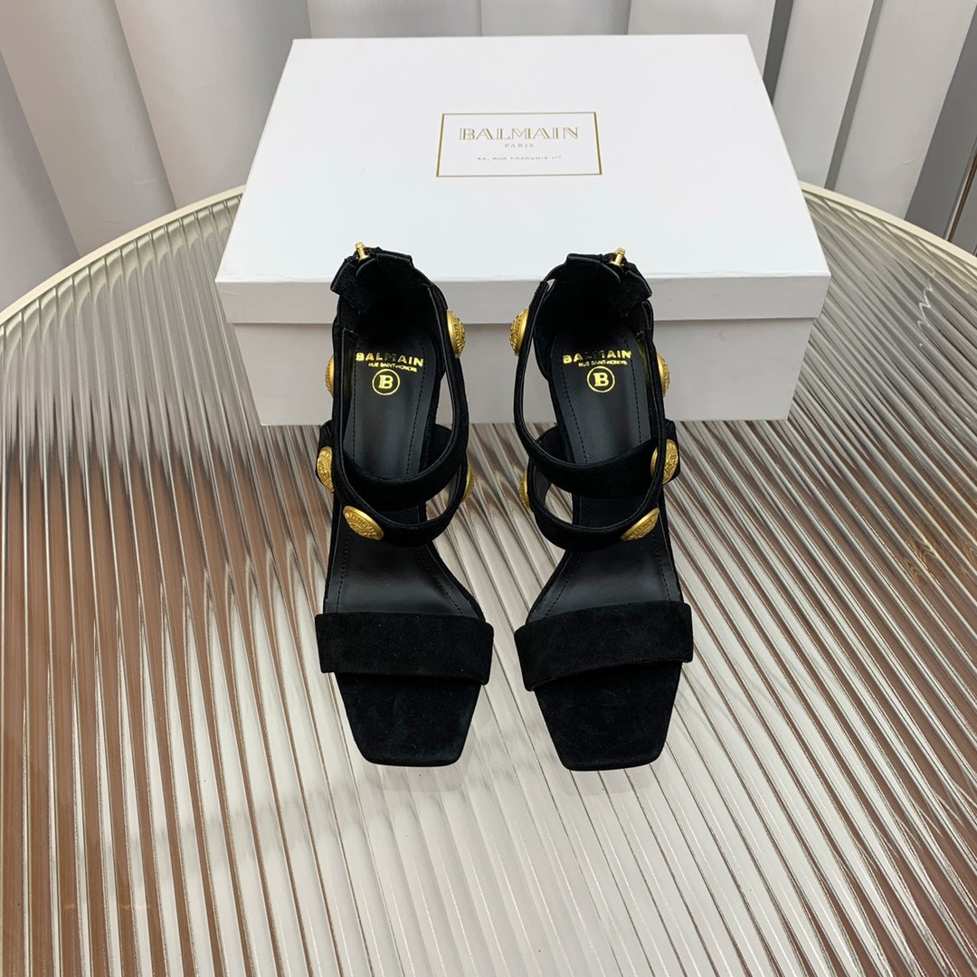 BALMAIN 25S CROSSOVER STRAP HIGH HEELS 95MM IN BLACK SUEDE