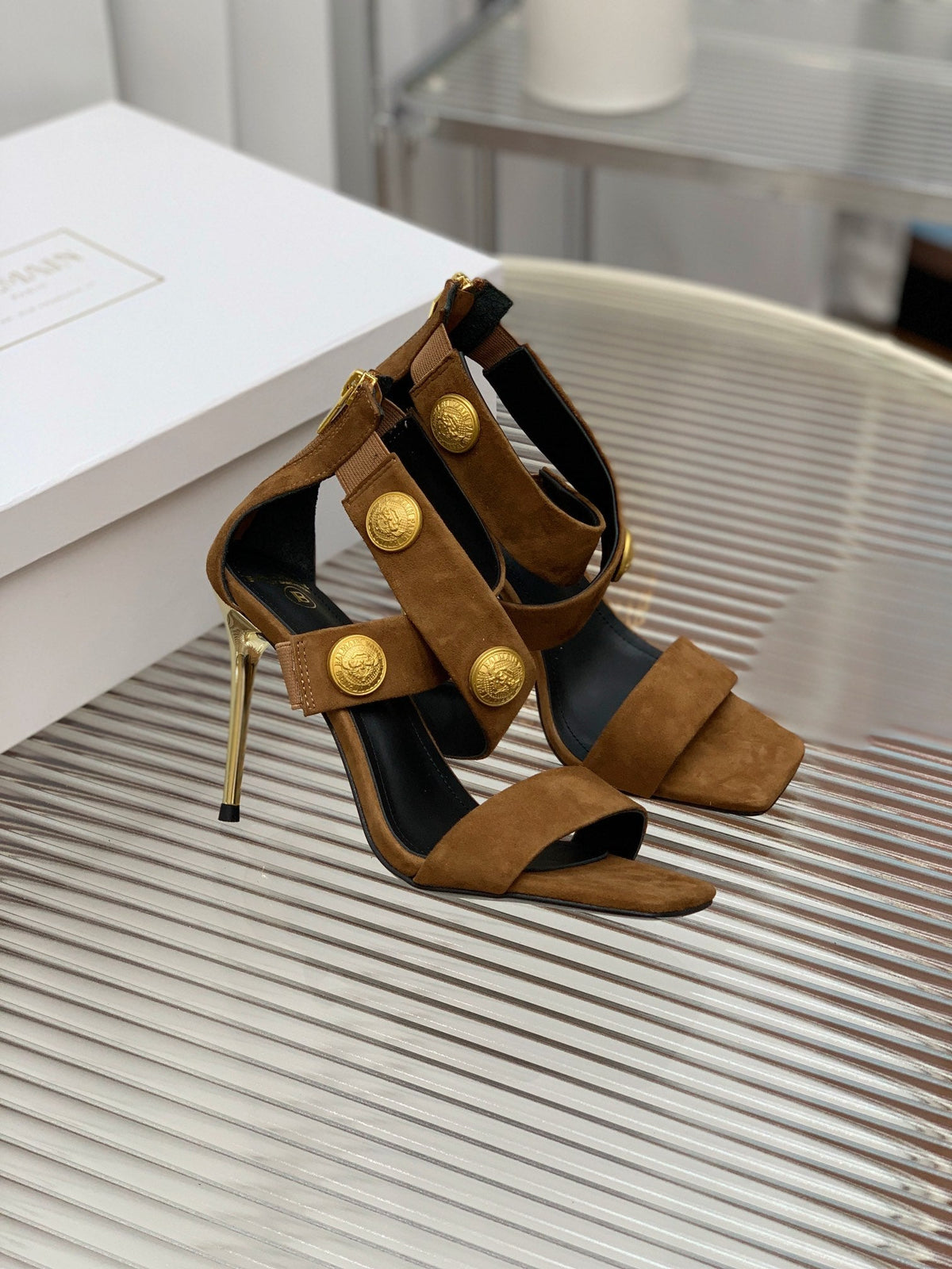 BALMAIN 25S CROSSOVER STRAP HIGH HEELS 95MM IN BROWN SUEDE