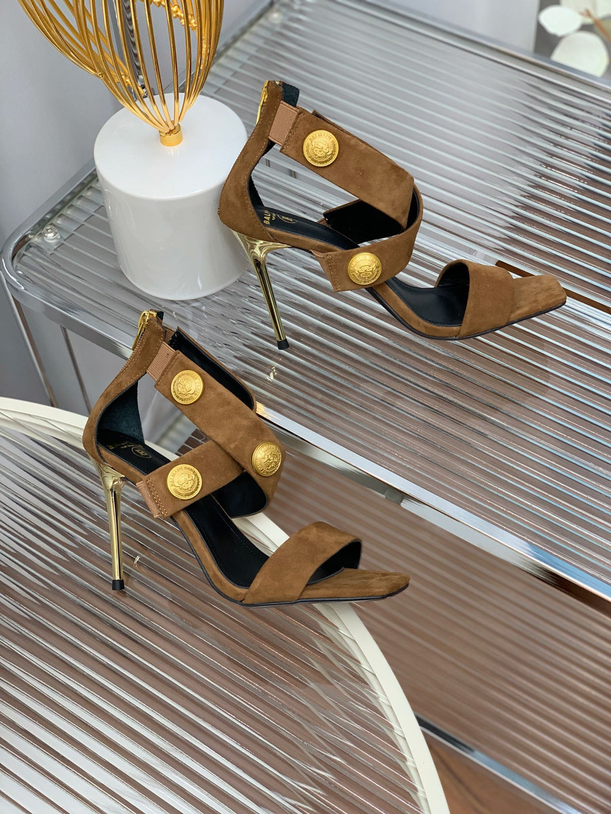 BALMAIN 25S CROSSOVER STRAP HIGH HEELS 95MM IN BROWN SUEDE