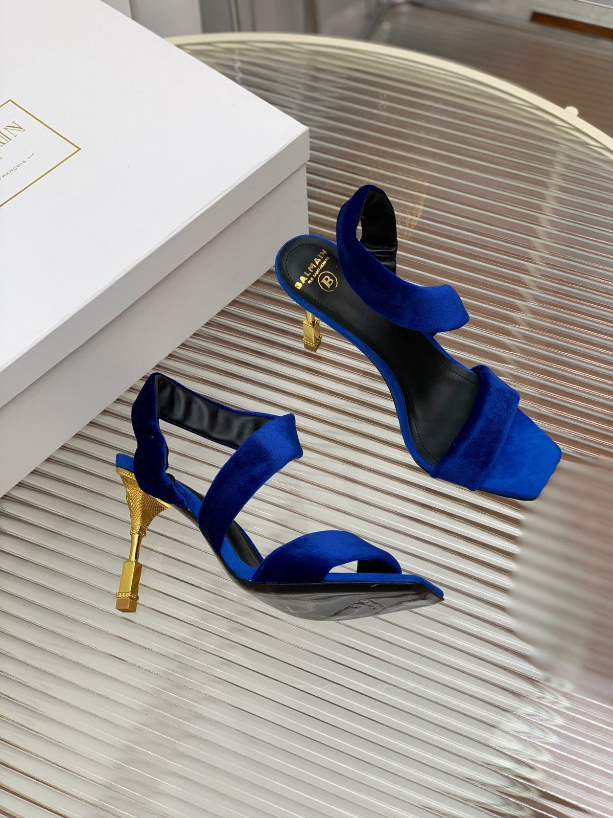 BALMAIN 25S MONETA HEELED SANDALS 95MM IN DARK BLUE VELVET
