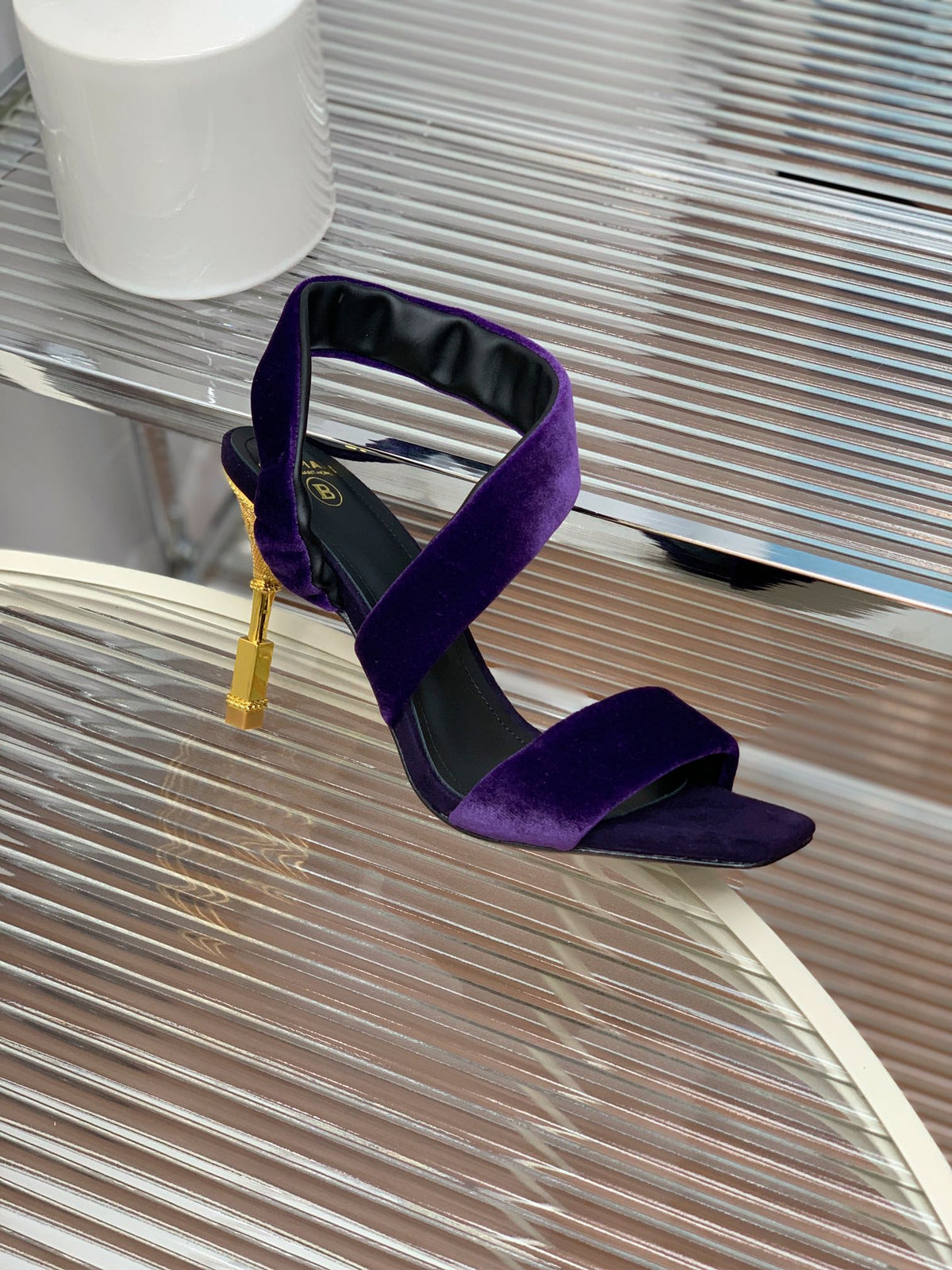 BALMAIN 25S MONETA HEELED SANDALS 95MM IN DEEP PURPLE VELVET