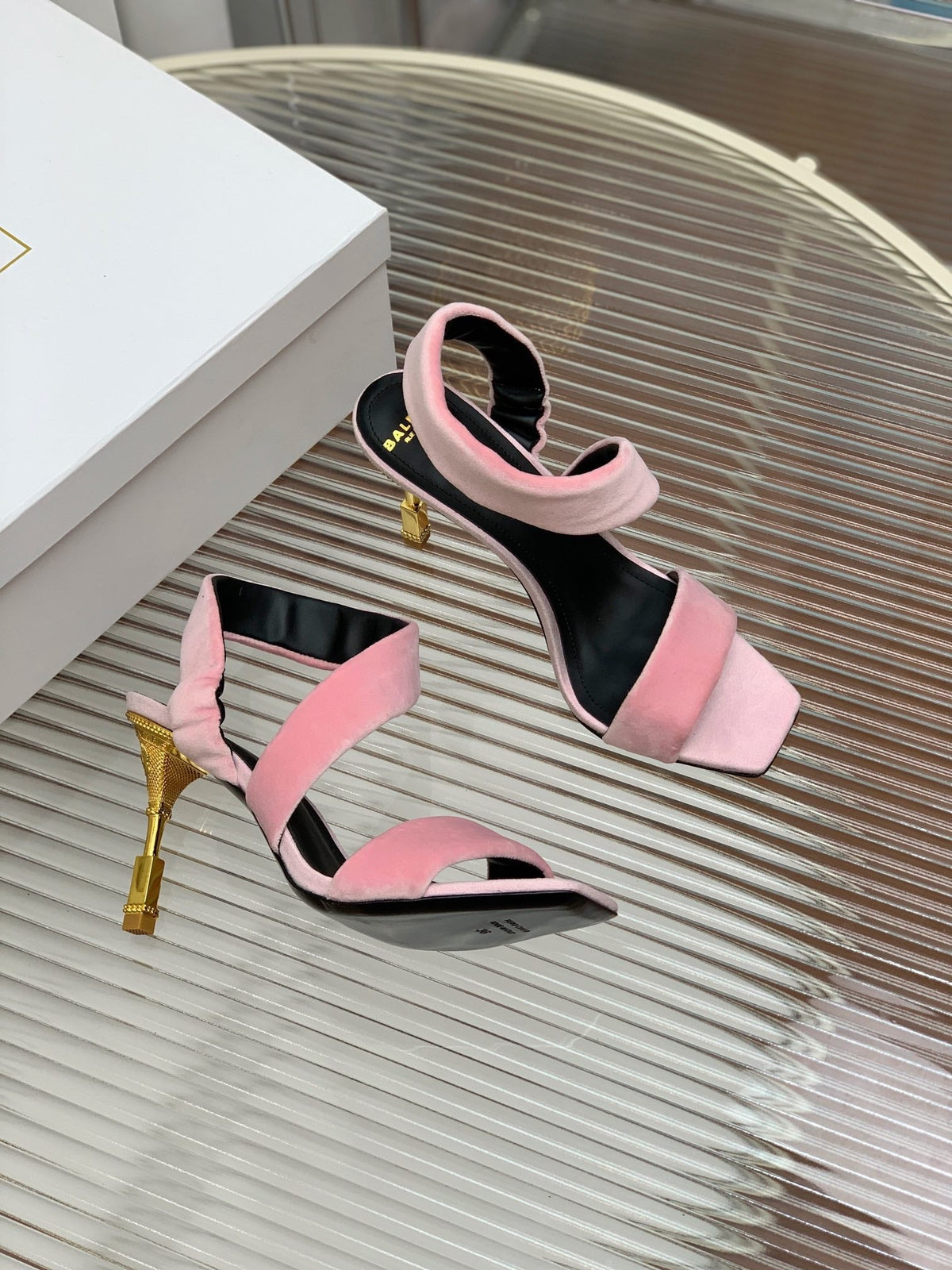 BALMAIN 25S MONETA HEELED SANDALS 95MM IN BABY PINK VELVET