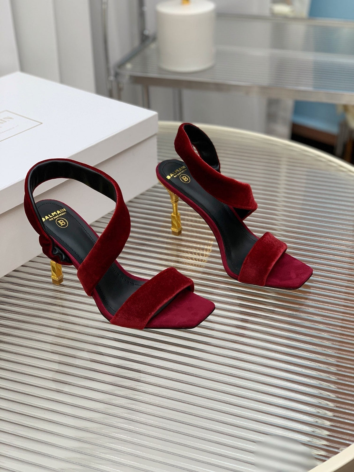 BALMAIN 25S MONETA HEELED SANDALS 95MM IN DARK CRIMSON VELVET