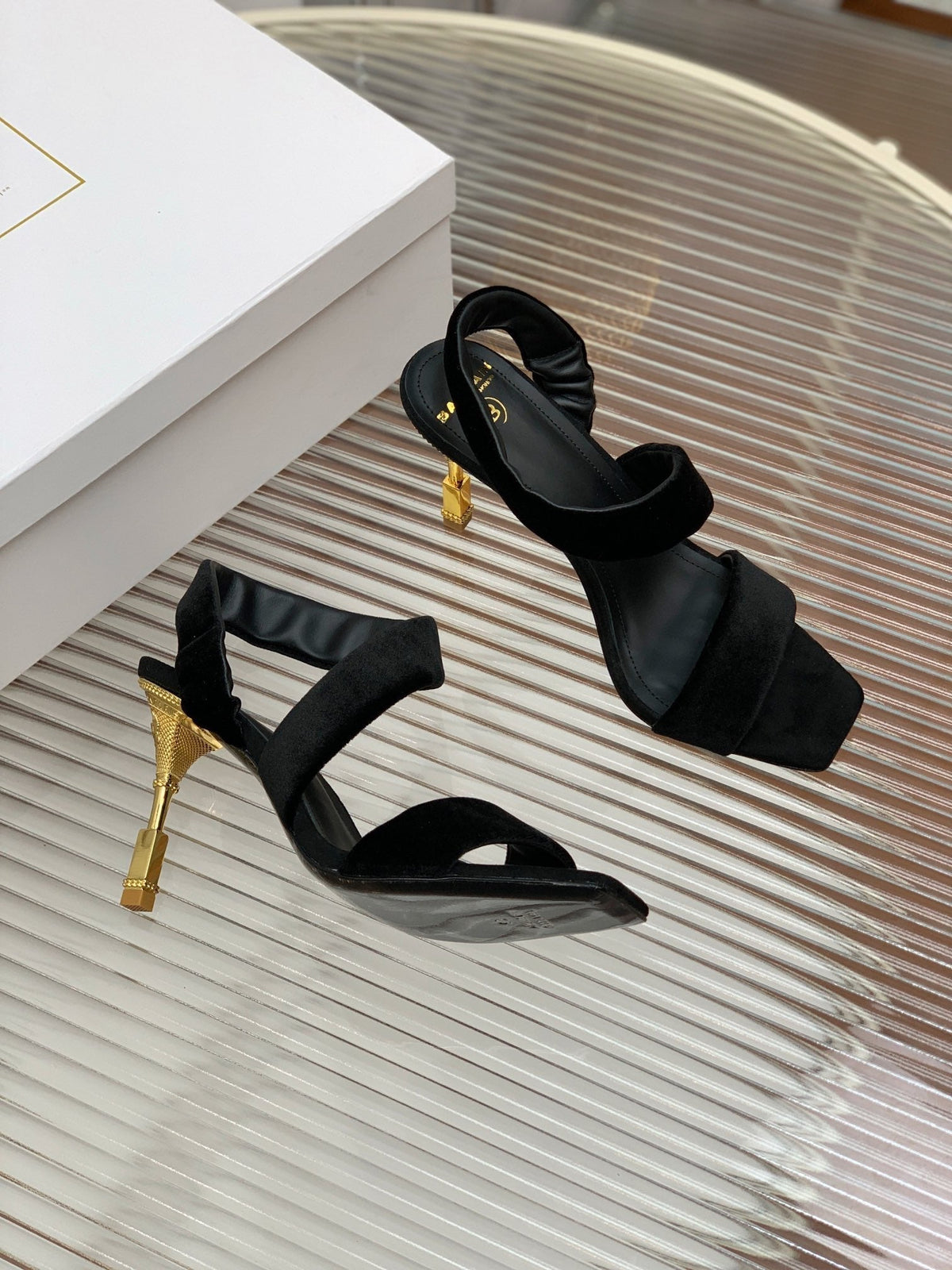 BALMAIN 25S MONETA HEELED SANDALS 95MM IN BLACK VELVET
