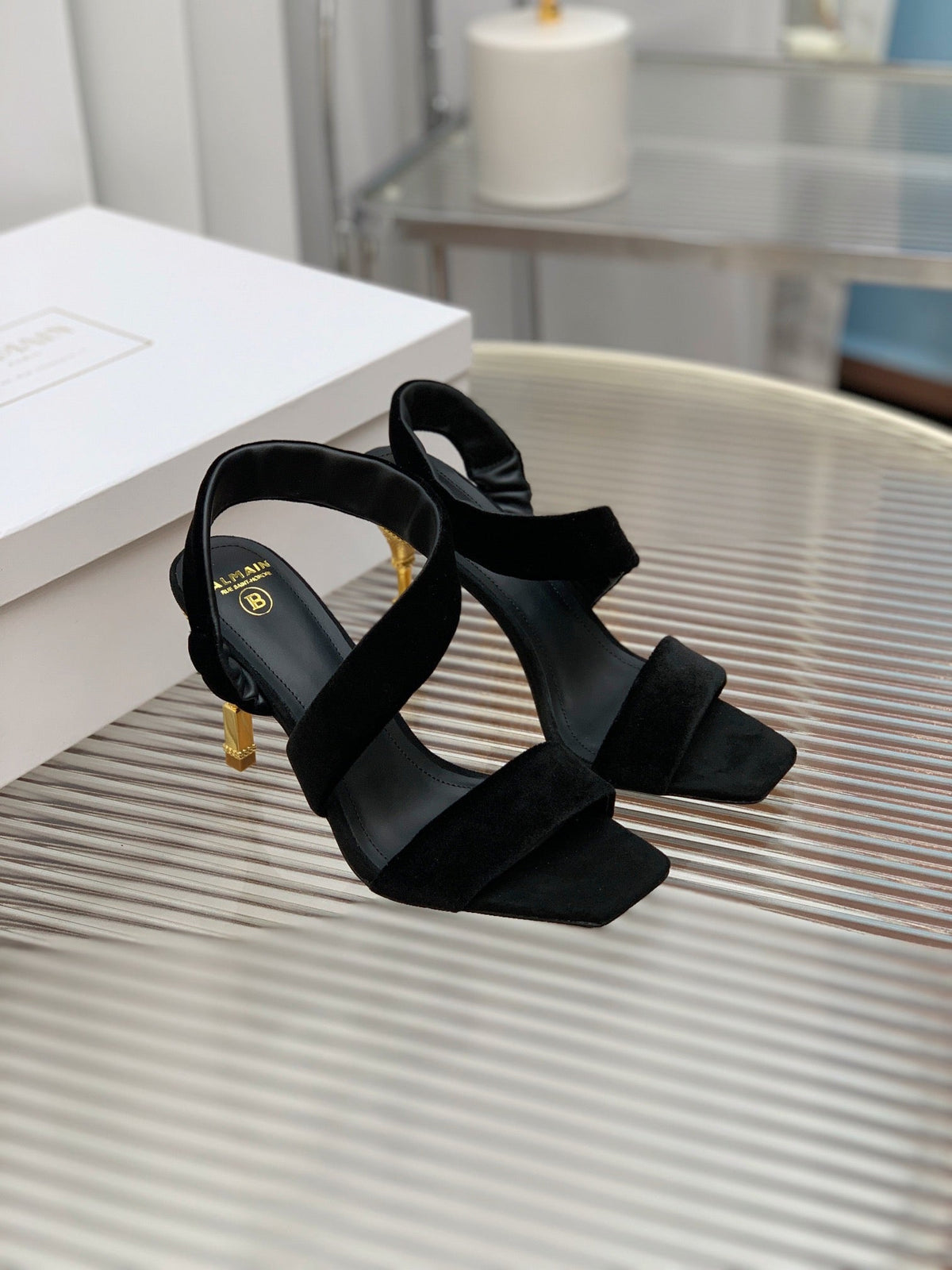 BALMAIN 25S MONETA HEELED SANDALS 95MM IN BLACK VELVET